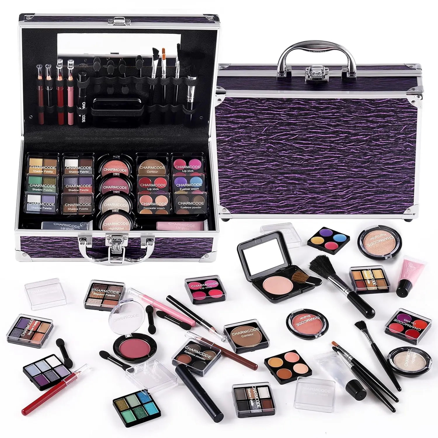 GoldenBrown Makeup Train Case Full Kit - Youth Beauty Products Set for Teen Girls, Includes Eyeshadow, Lipgloss, Highlight, Blush, Lip & Eye Pens, Brushes & More, Complete Look for Everyday Use, Valentine's Day Gift Box