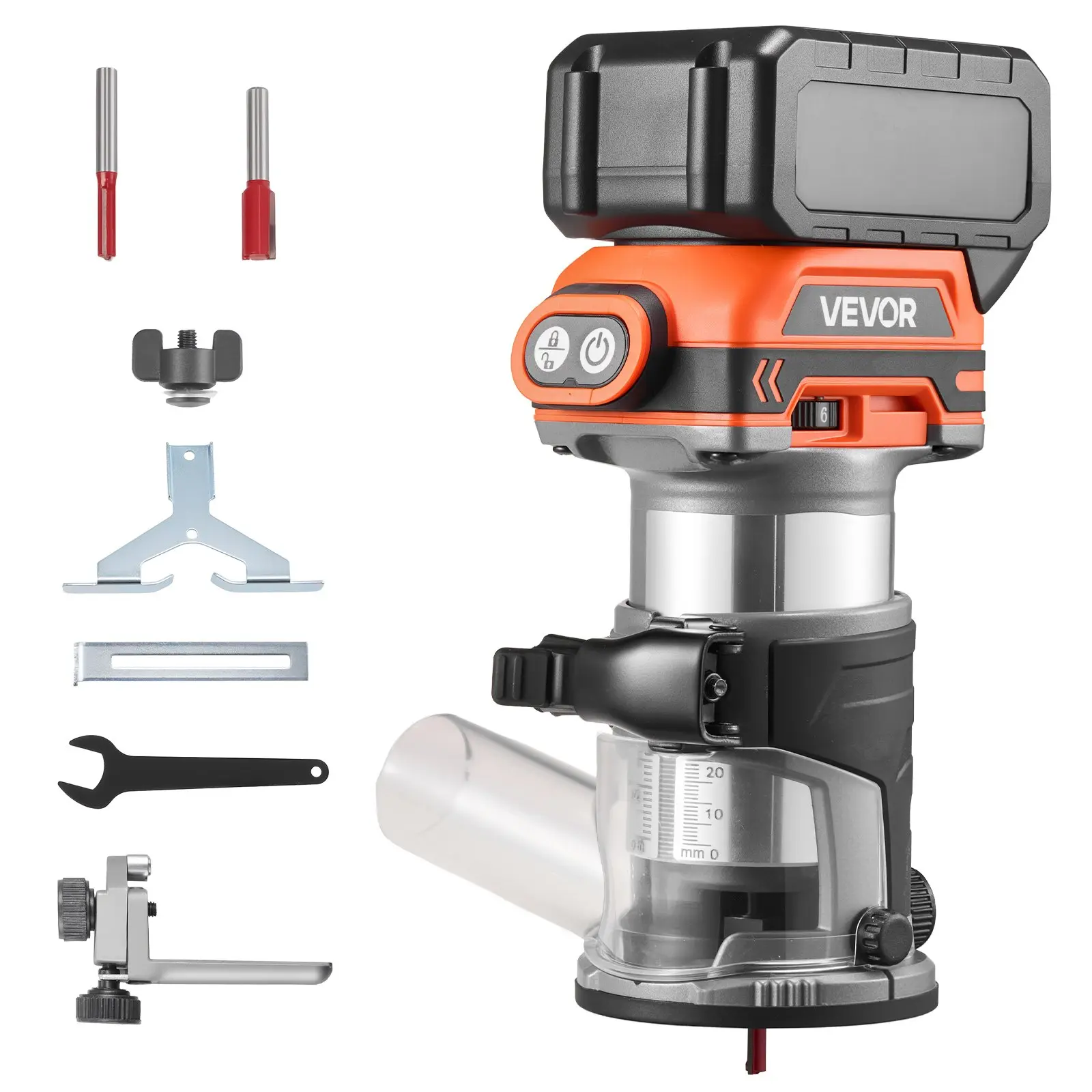 VEVOR 18V Brushless Battery Powered Wood Router, Compact Palm Tool with Fixed Base Mount, 1/4-Inch Collet, Variable Speed, Aluminum Edge Trimmer, LED Light, Easy Bit Changes, Clean Operation (Makita 18V Compatible, No Battery), Router Bits
