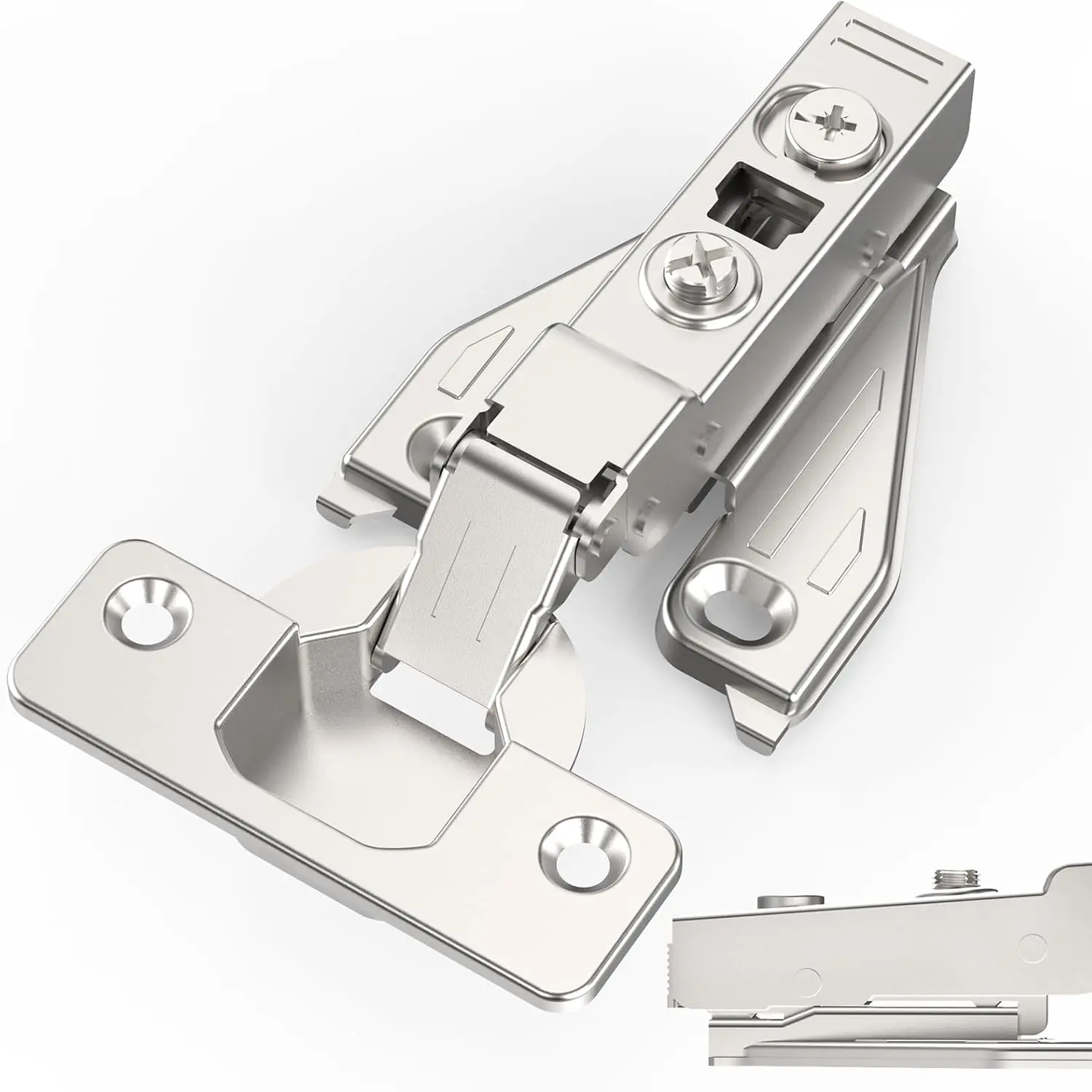 1/8", 1/4", 5/16" Overlay Soft Close Concealed Hinge for  Frame Door & Frameless Door,  Clip- Plate, Self Closing  Satin Nickel, 105° Angle, H=3, Half Overlay, 4 Pack