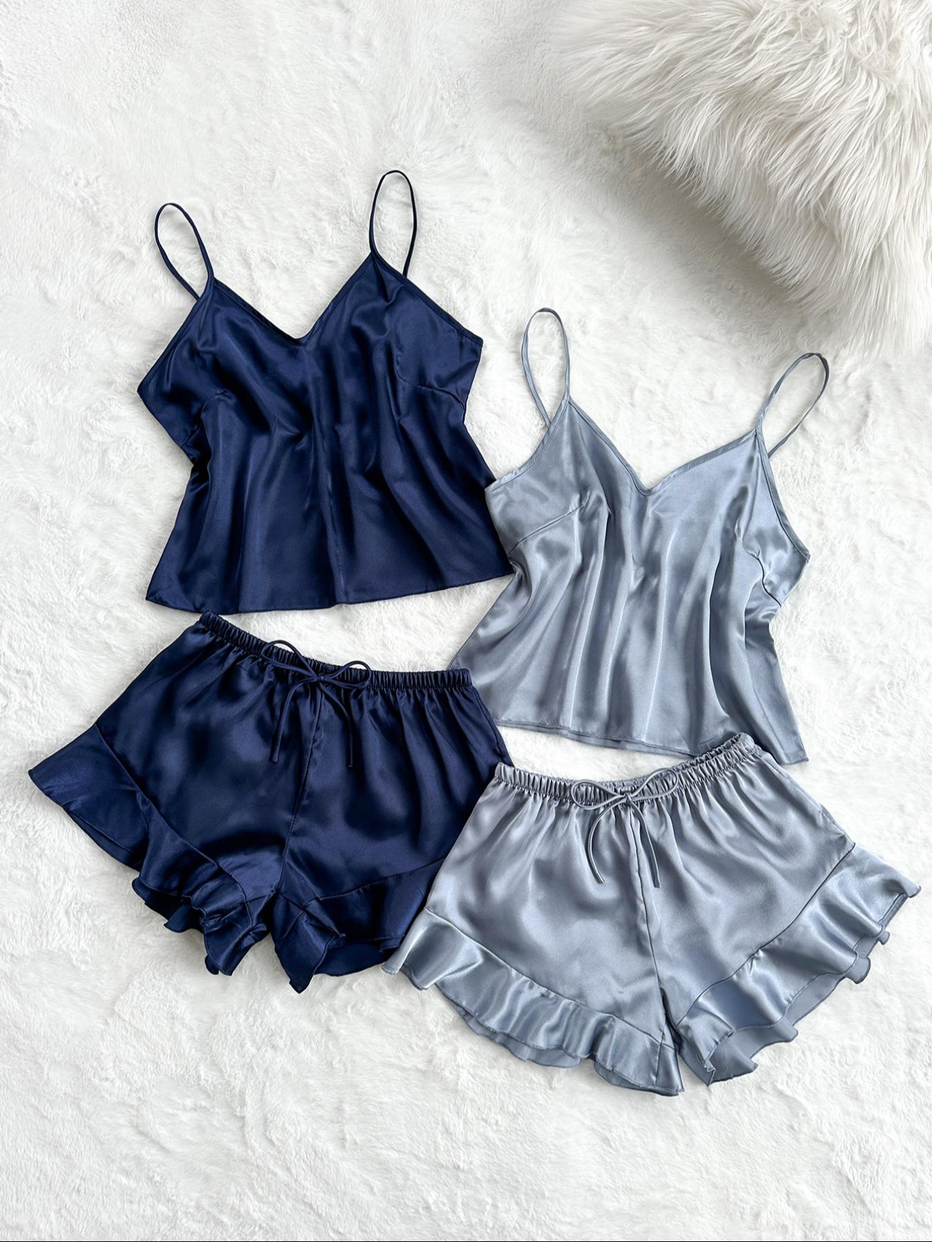 Women's Solid V Neck Cami Top & Elastic Waist Bow Decor Shorts Satin Pyjama Set, Elegant Adjustable Spaghetti Strap Camisole & Ruffle Hem Shorts PJ Set, Ladies Sleepwear for All Seasons, Camisole Sets