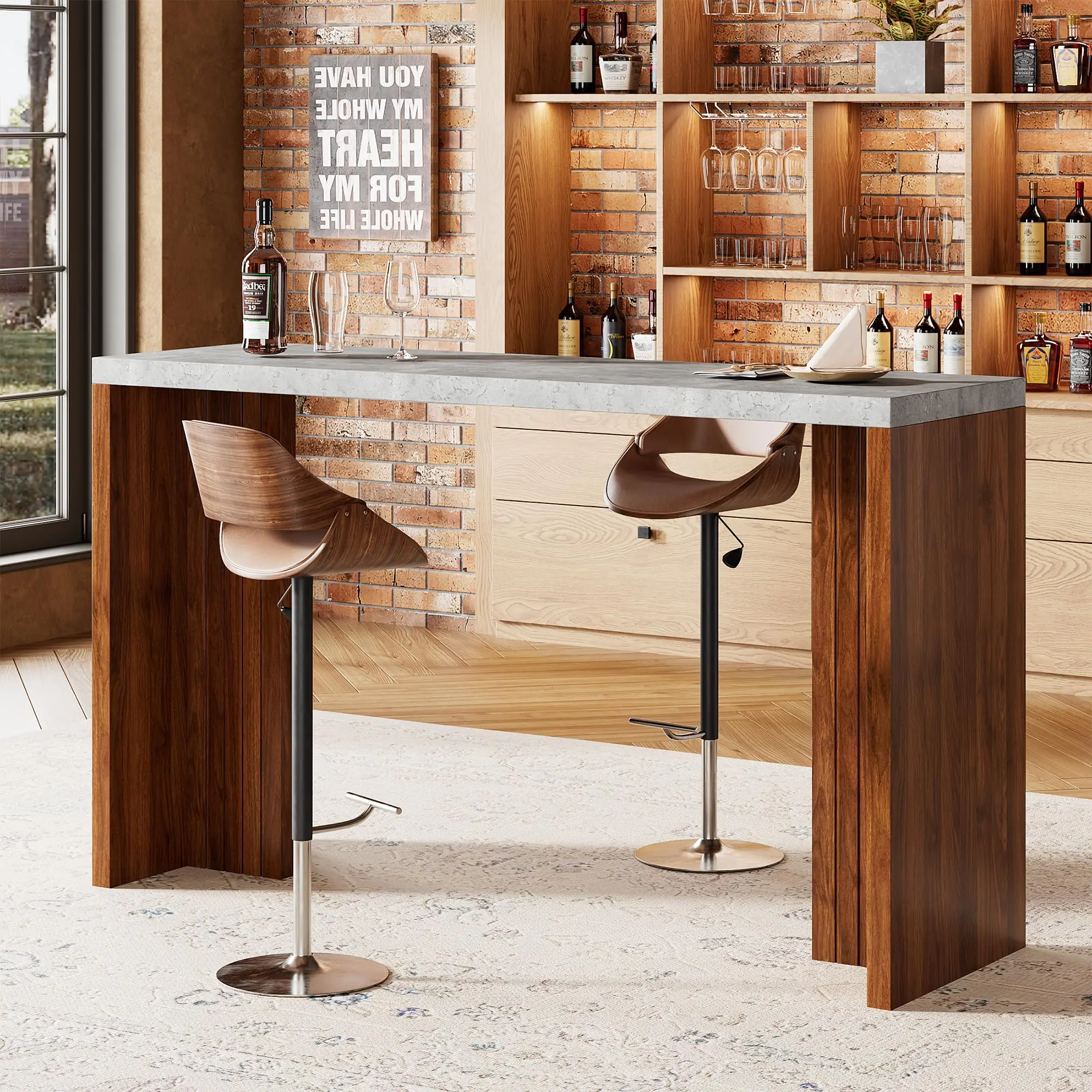 Garvee Bar Table for 4-6 People - 55 Long Counter Height Pub with Extra Thickened Tabletop, Modern Rectangular Home Bar Coffee Unit for Kitchen, Dining Room, Balcony, Living Room, Basement, Gray+Walnut