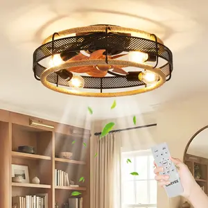 Boho Farmhouse Caged Ceiling Fan with Light – 20" Flush Mount, Quiet 6-Speed Reversible Motor, Remote Control, Low Profile Fandelier for Bedroom, Living Room, Kitchen, Covered Outdoor Patio