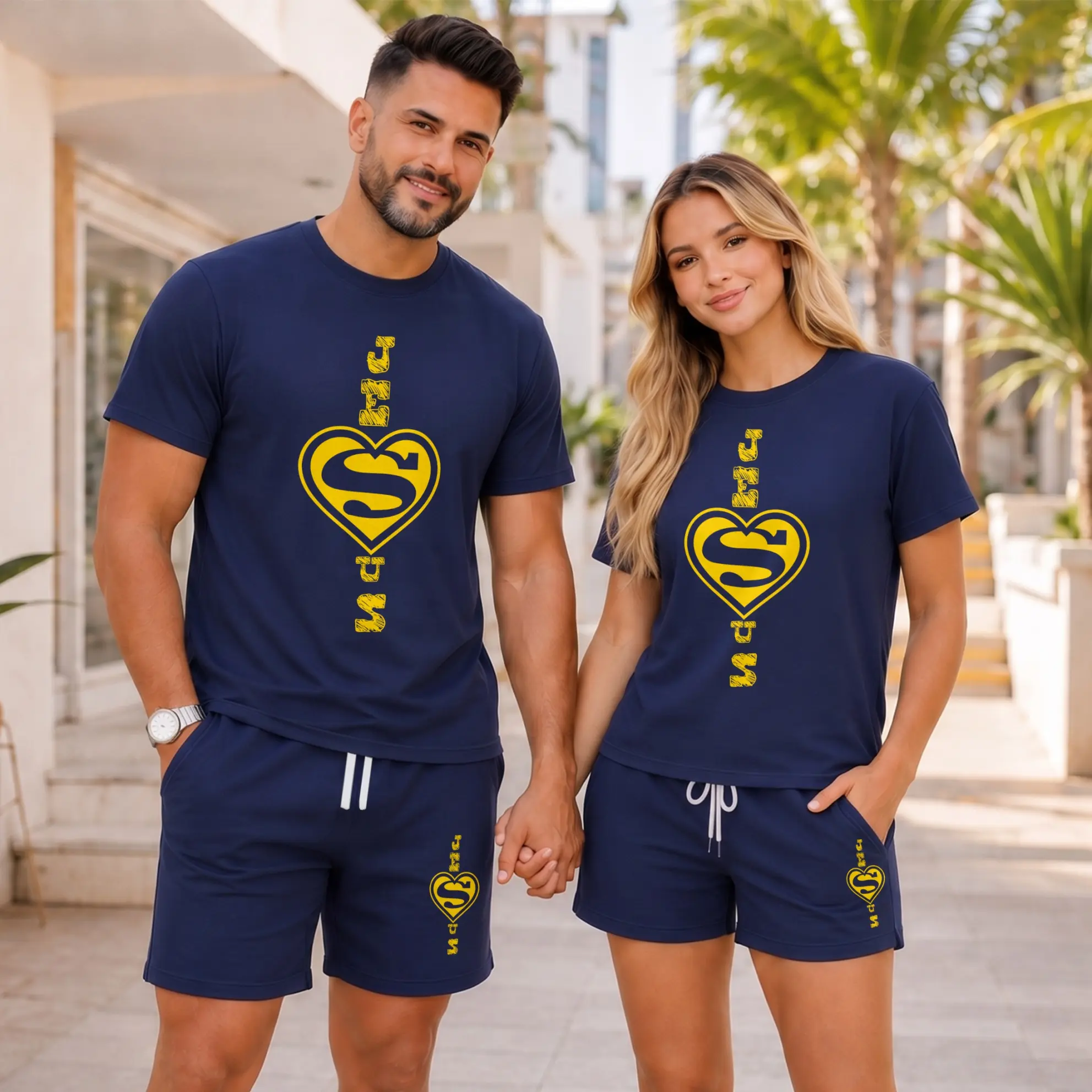 Couples Matching Short Sleeve T-Shirt and Shorts Set, Jesus Heart Graphic Print Two Piece Outfit, Casual Summer Matching Set for Couples, Streetwear Looks, Vacation, Date Outfits, Travel, and Daily Wear