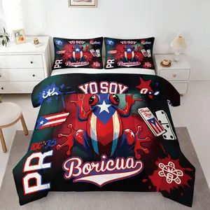 2/3Pcs Puerto Rico Flag Coqui Frog Comforter Set, 1 Quilt & 1/2 Pillowcase No Pillow Insert, Yo Soy Boricua Lettering Print Bedding Set, Soft All Season, Perfect for Bedroom Dorm, Gift for Boricua Family & Friends