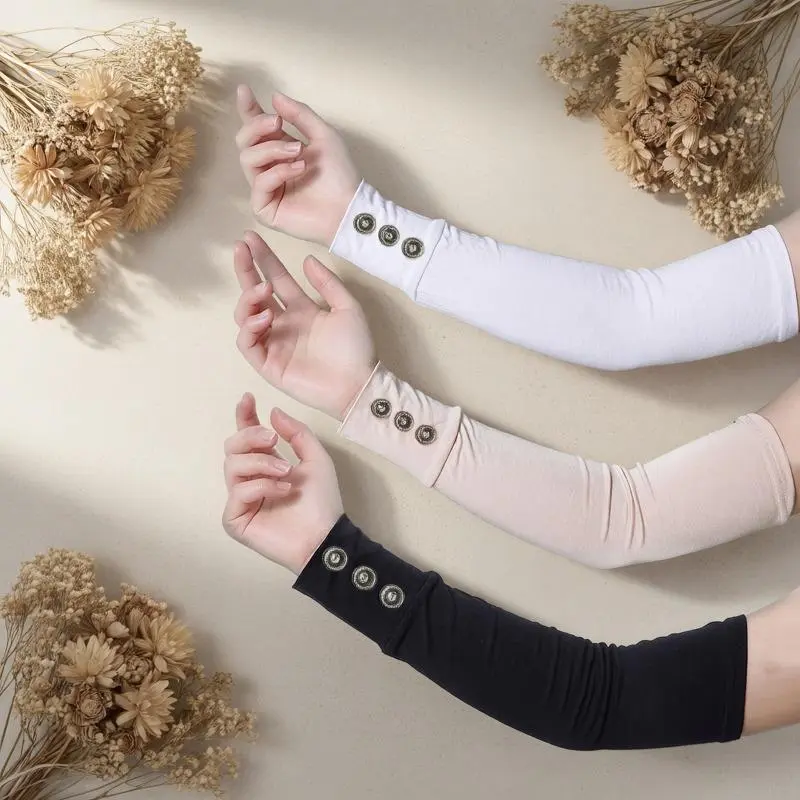 Female Muslim Women's Casual Plain Arm Sleeves (1 Pair) - Button Decor, Elastic, Breathable, Sun Protection Fashion Glove Accessory for Home Wear, Daily Use, Modesty, Daily Outings, Decorative Buttons, Elegant And Practical, Outdoor Activities, Basic, Clo