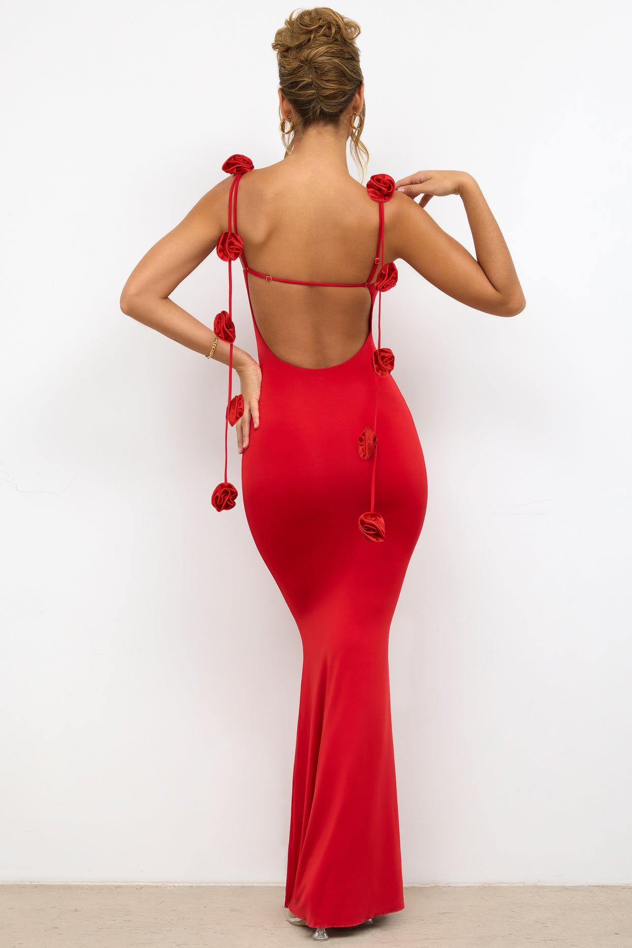 Women's sexy evening dress, backless with shoulder straps, decorated with three-dimensional flowers, long slip dress