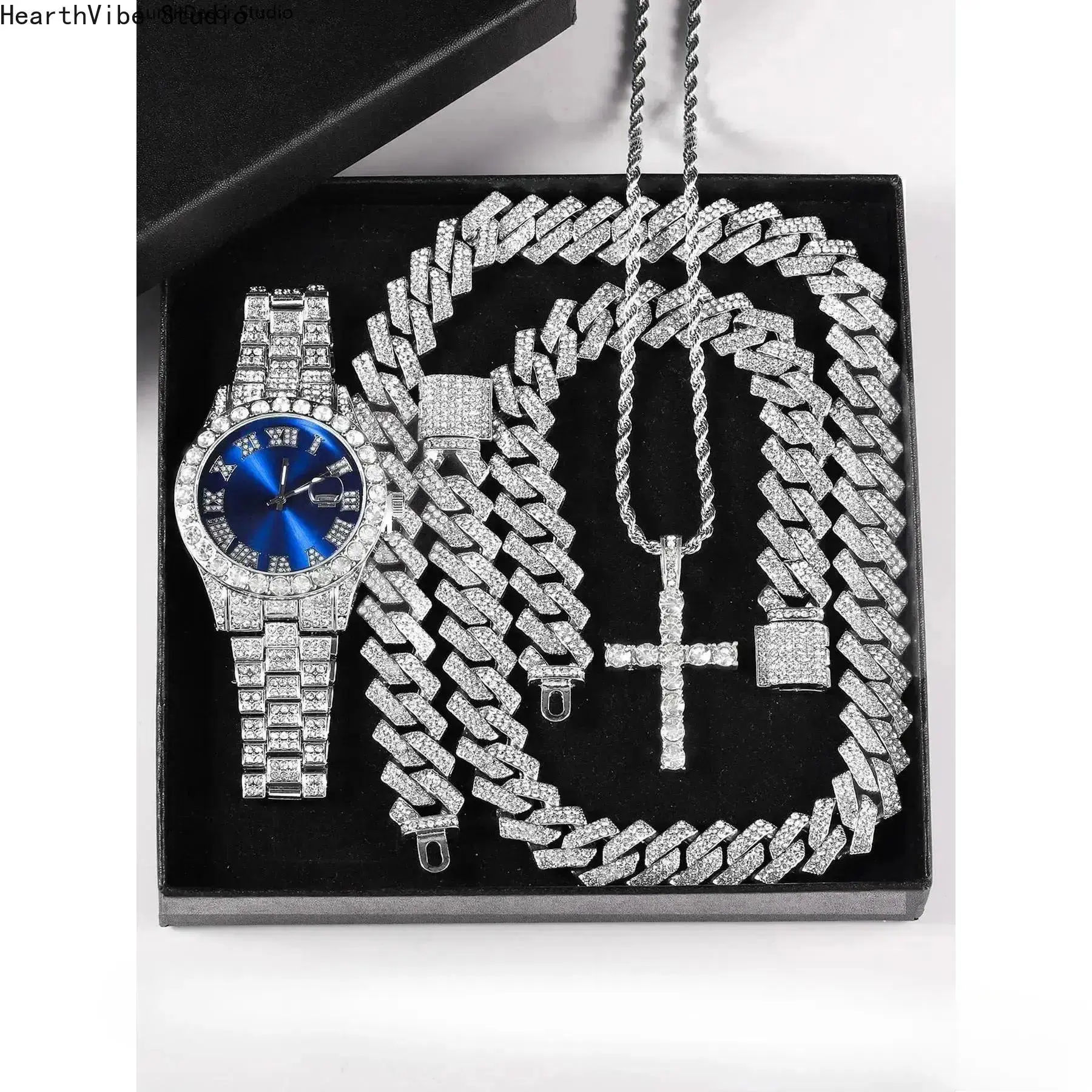 Unisex 5-Piece Punk Jewelry Gift Set with Cross Motif Watch, Necklace & Bracelet, Rhinestone Accents, Alloy Metal, and Adjustable Strap for Everyday Wear, Motifs, Men's Accessories