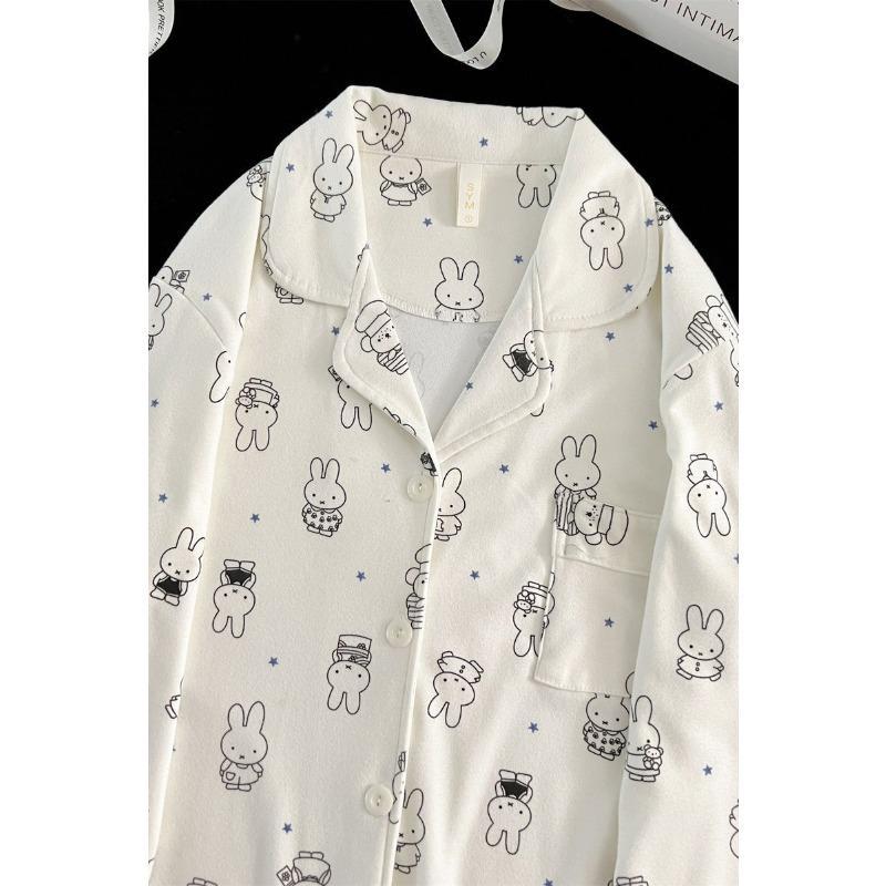 Kawaii Miffy Bunny Thermal Brushed Flannel Sleepwear Set Cozy Open-Front for Women Cute Cartoon Autumn Winter Pajamas K-trend
