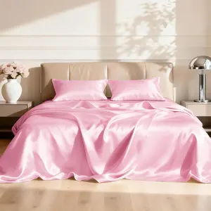 Satin Queen Sheets Set - 4 Piece Pink Silky Bed Sheets Set with Deep Pocket, Luxury Silk Feel Satin Queen Size Sheet Set (1 Flat Sheet, 1 Fitted Sheet, 2 Pillow Cases)