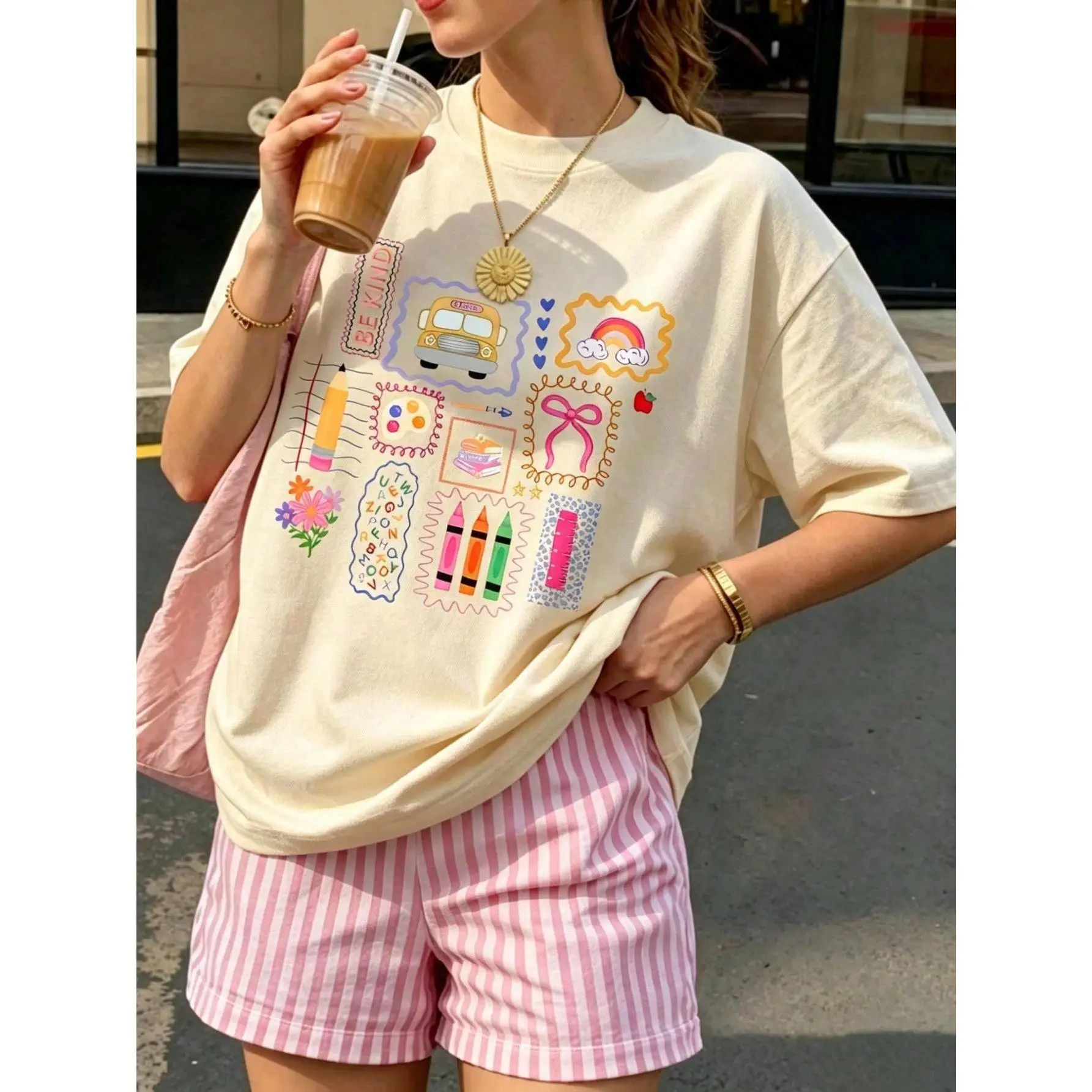 Y2K Women's Cute Graphic T-Shirt, Indie Style Colorful Crayon & Rainbow Print Short Sleeve Top, Sweet Casual Preppy Style Blouse Summer, Aesthetic