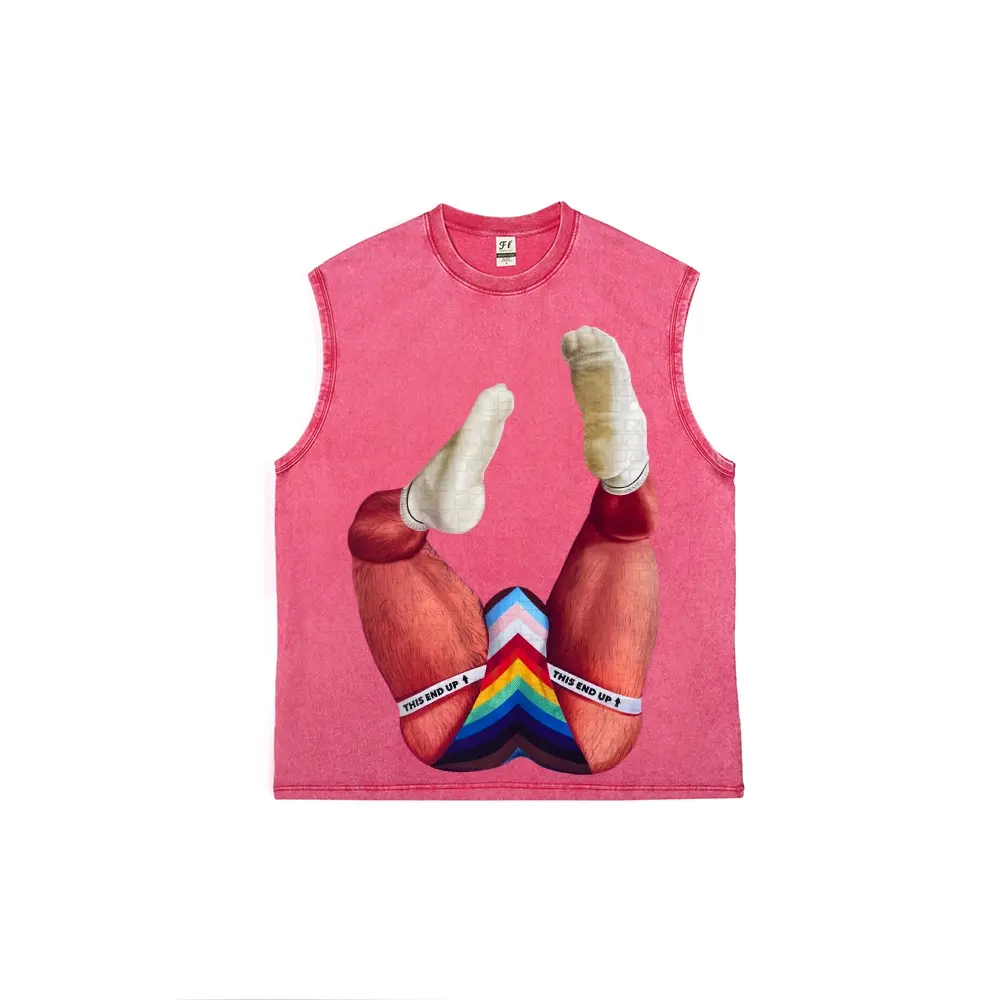 Vintage Acid Washed Pink Sleeveless Muscle Tank Top for Men, LGBTQ Progress Pride Flag Funny Leg Graphic Crew Neck Loose Fit Casual Vest, Heavyweight Soft Cotton Distressed Retro Streetwear Tank Shirt for Gay Pride Daily Workout Summer Party Wear