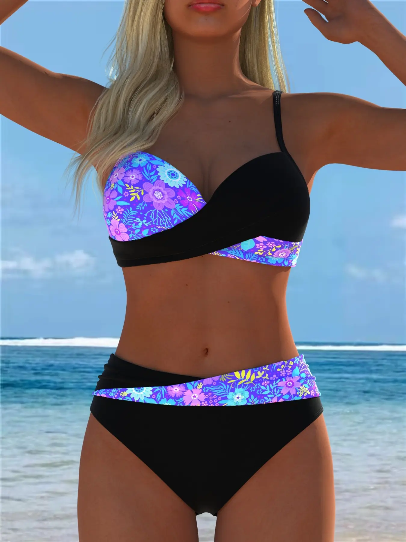 Women's Thin Strap Cross-Over Push-Up Two-Piece Bikini Set Swimsuit, High-Waisted Tummy Control Design, Beach Vacation Swimwear Bikinis Set
