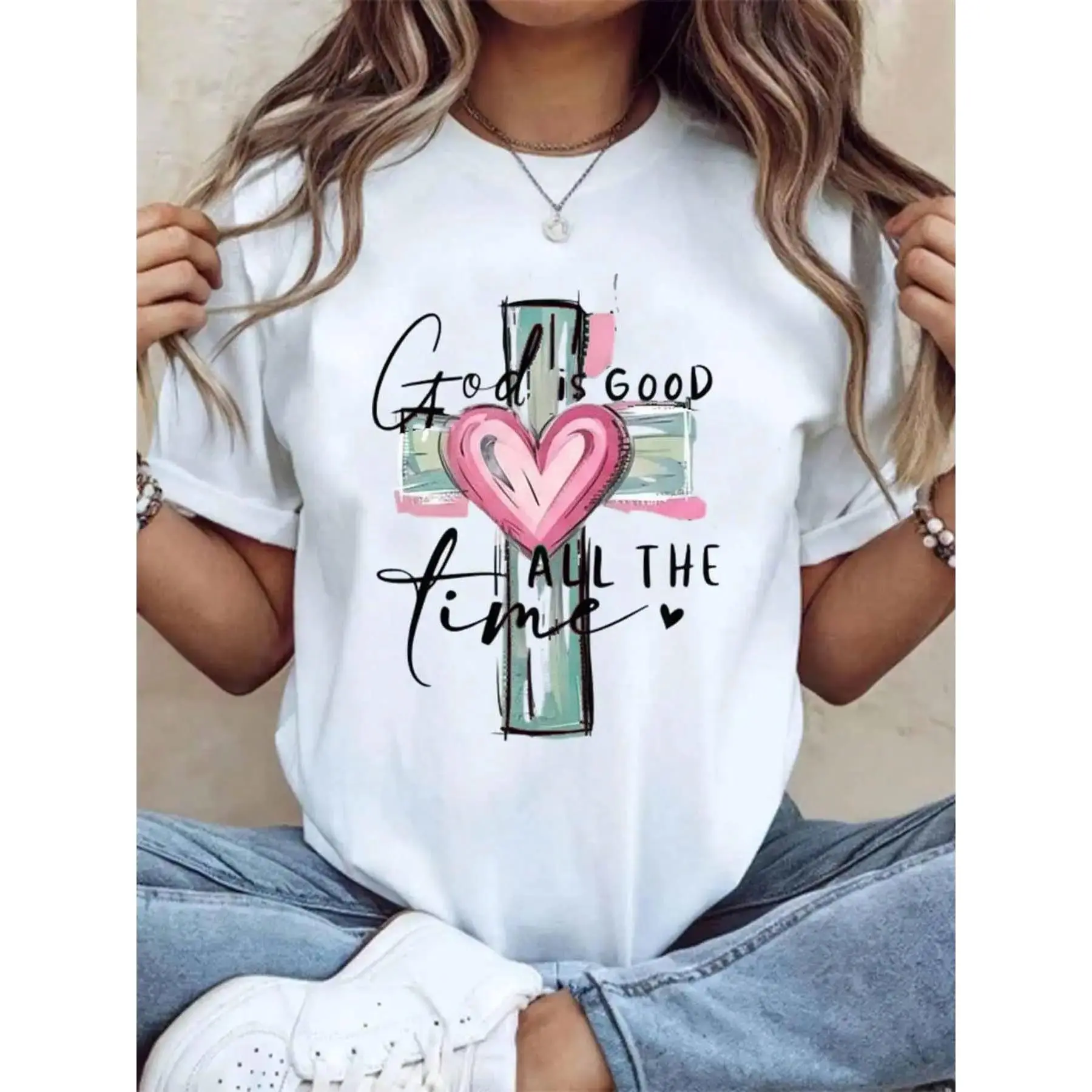 Women's Christian "God Is Good" Graphic T-Shirt - 100% Cotton Lady's Sport Top, Short-Sleeve, Elastic, Loose Fit, Round Neck, Heart Print, Solid, Breathable Streetwear for Women's Clothing, Christian Clothing