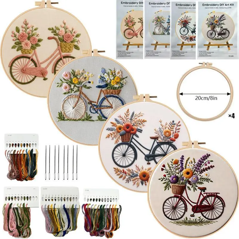 Beginner's Flower Bicycle Stamped Fabric Needlework Kit - Embroidery Mixed Textile DIY Crafts, Includes Guide for Room Decor