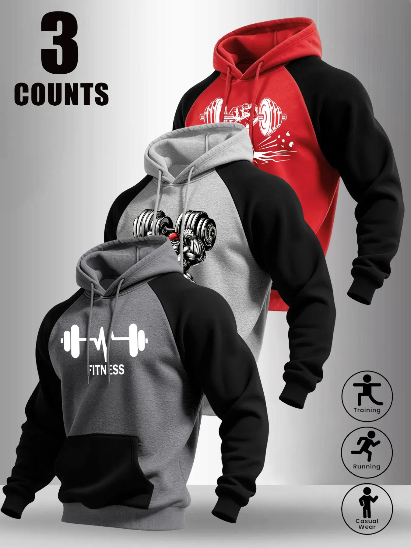 Men Raglan Sleeve Hooded Sweatshirt, Fitness Dumbbell Themed Graphic Print, Front Kangaroo Pocket & Adjustable Drawstring, Soft Warm Fabric, Suitable for Gym Training Running Daily Casual Outdoor Activities#FitnessHoodie #DumbbellPrintSweatshirt