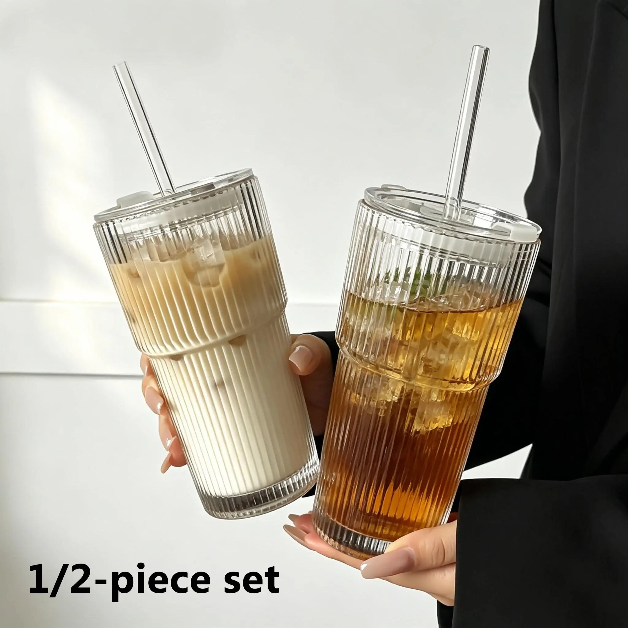 2/1 Set 20oz Striped Glass Cup with Lid and Straw, Drinkware, Durable Reusable Washable, Ideal for Iced Coffee, Smoothies, Cocktails, Home Office Travel