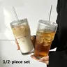 1/2 Sets 20oz Striped Glass Beverage Cups with Lid and Straw, Reusable and Washable, Ideal for Iced Coffee, Smoothies and Cocktails, Durable Cup for Home, Office and Travel