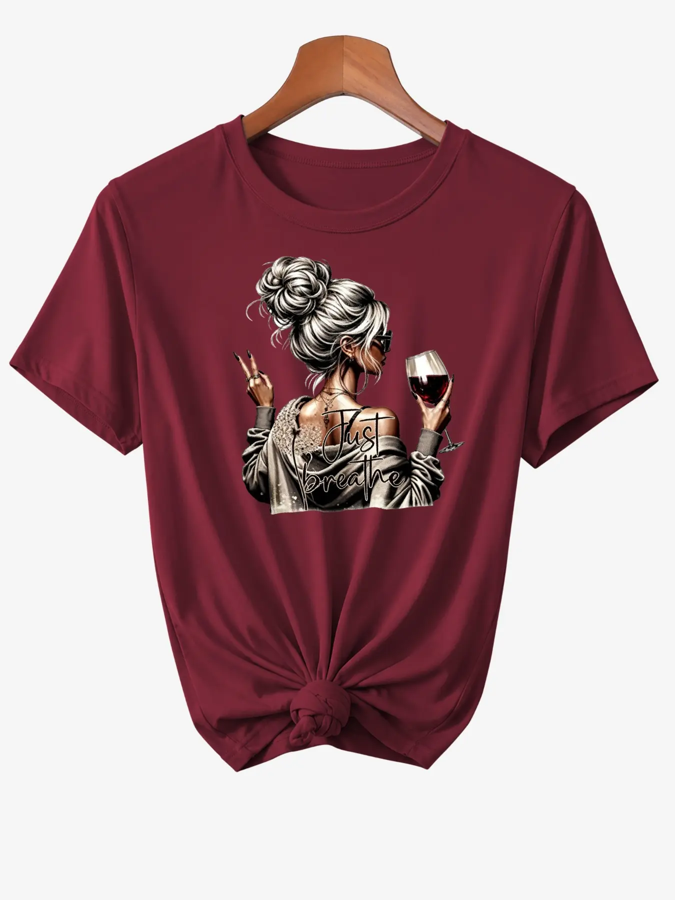 Women's Lazy Bun Wine Girl Print Short Sleeve T-Shirt, Fashion Casual Round Neck Summer Loose Top, Ideal Gift for Wine Lovers, Mom, Best Friend