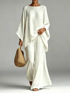 Women Casual Linen Matching Set, Oversized Loose Batwing Sleeve Top, Uneven Hem Design & High Waist Wide Leg Pants