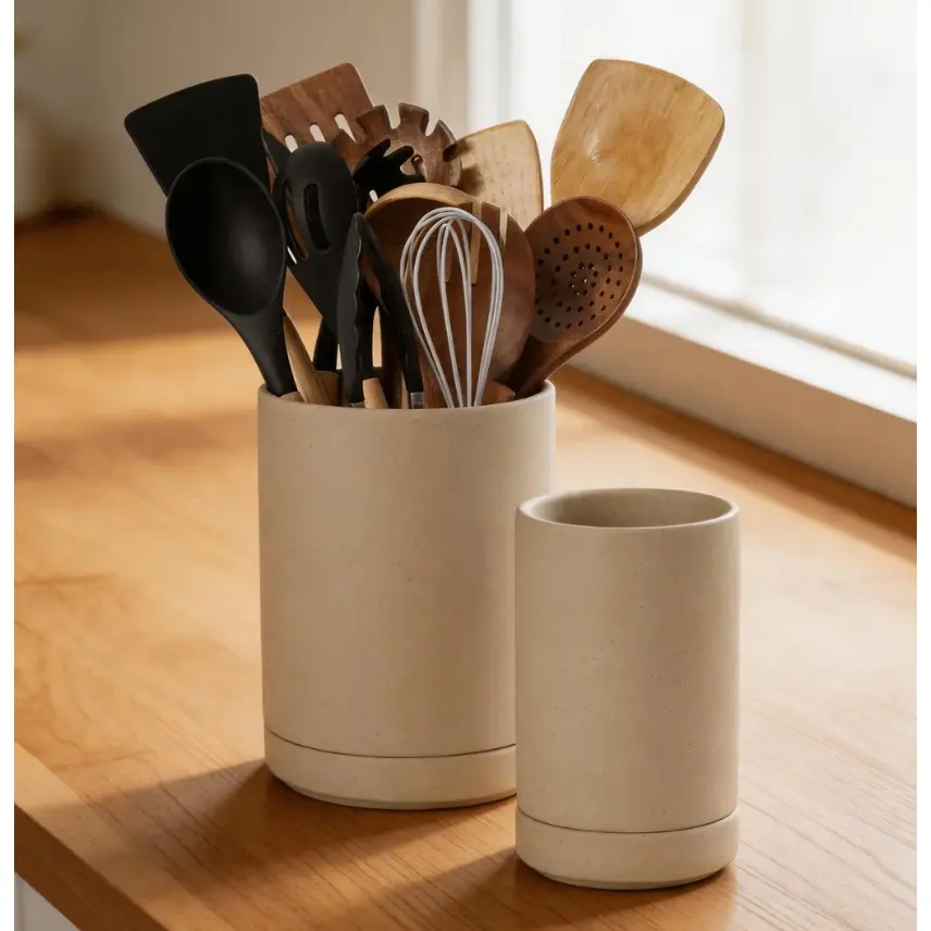 Ceramic Kitchen Utensil Holder - Kitchenware Organiser for Home Chefs, 2 Size Options, Farmhouse Vintage Terracotta Storage Container, Matte Tabletop Organizer for Spoons, Spatulas, Cutlery, Weddings Decor, Fall Sale