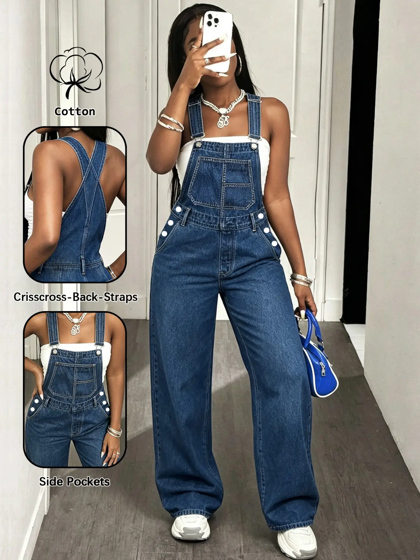 Women's Blue Denim Overalls, Adjustable Straps, Wide Leg Design, High Waist Jeans, Pockets, Fashionable Comfort, Daily Wear