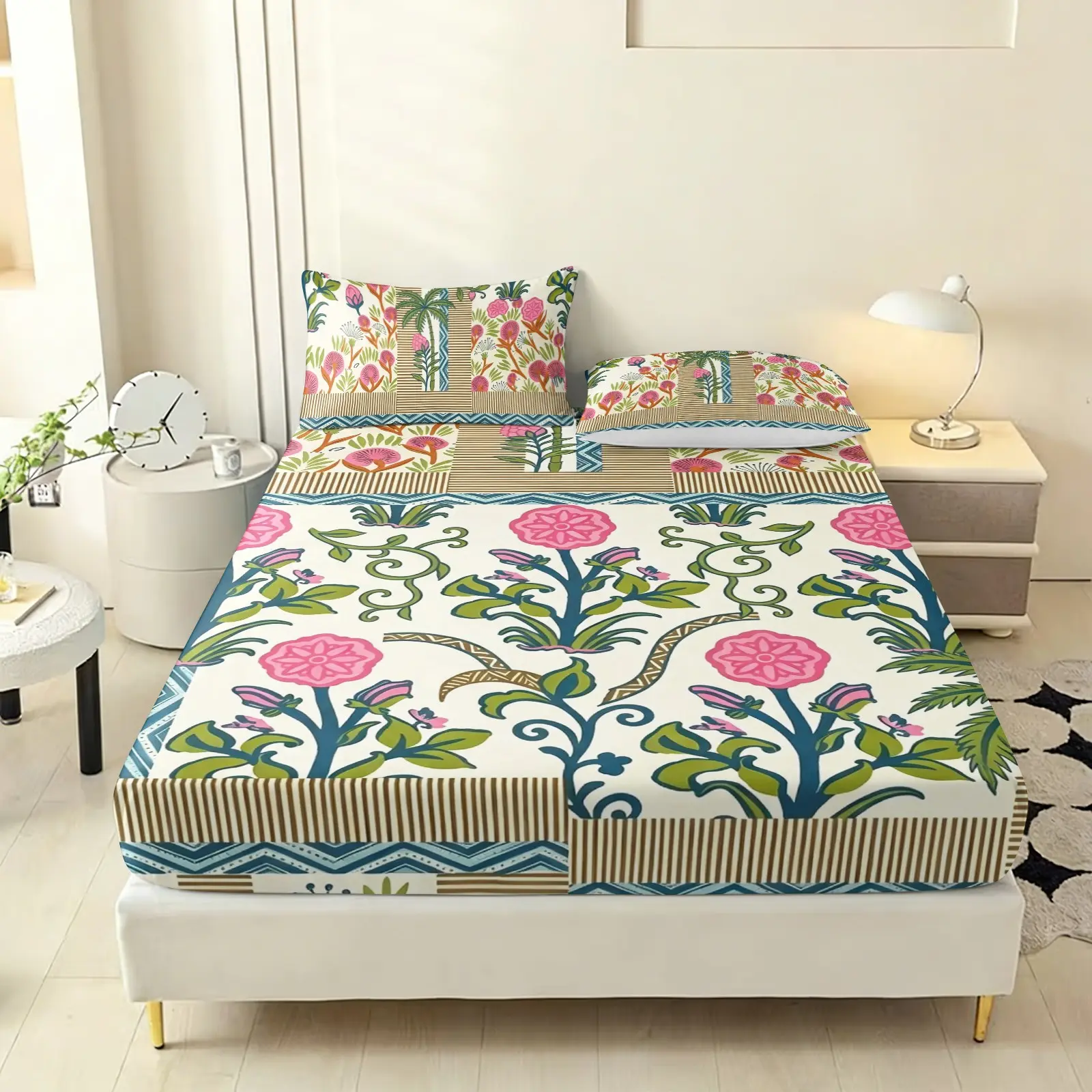 Boho Style Floral Patchwork Bed Sheet Set, Vintage Flowers, Palm Leaves, Stripes, Geometric Patterns, Tropical Theme Bedroom Decor, Bedding Sheet Set, Bed Linens