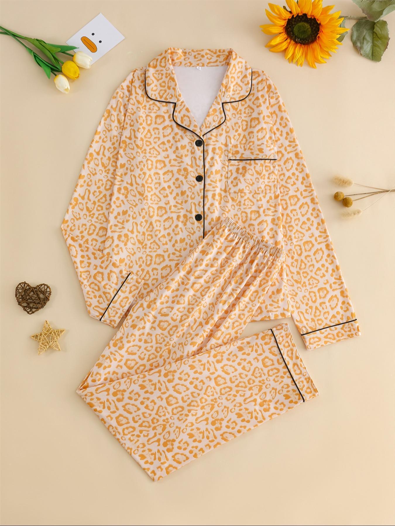 Women's Leopard Print Button Front Pocket Lapel Shirt & Elastic Waist Pants Pyjama Two-piece Set, Casual Comfy Pocket Long Sleeve Top & Trousers Pj Set, Women's Sleepwear for Spring & Fall, Loungewear Set Women, Leopard Print Pajamas