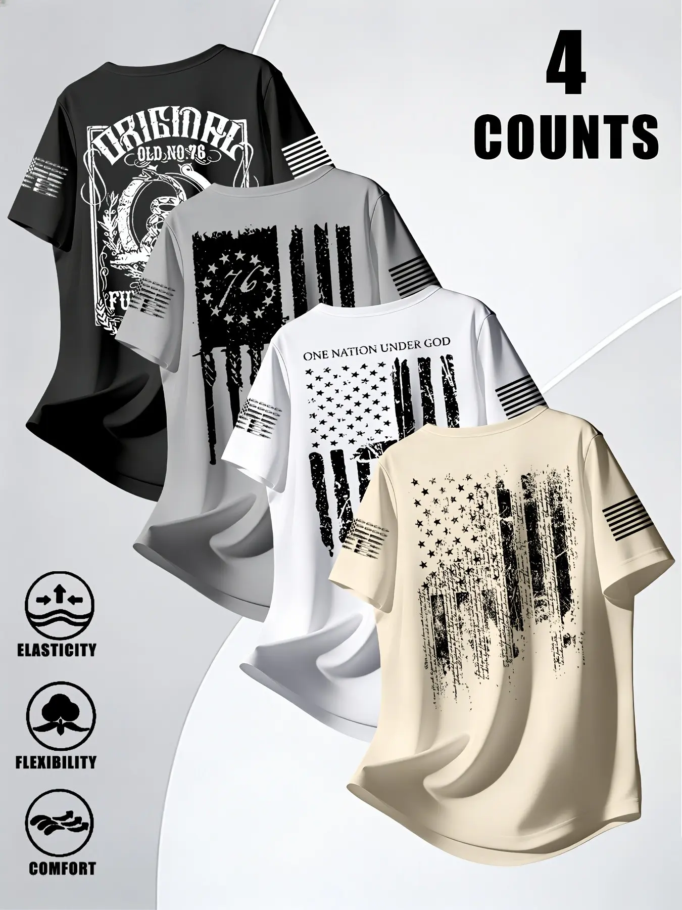Large Size Men's 4-Pack 100% Cotton Loose Fit Baggy Casual Streetwear Menswear T-Shirts, Vintage Washed American Flag Back Graphic Print Short Sleeve T-Shirts