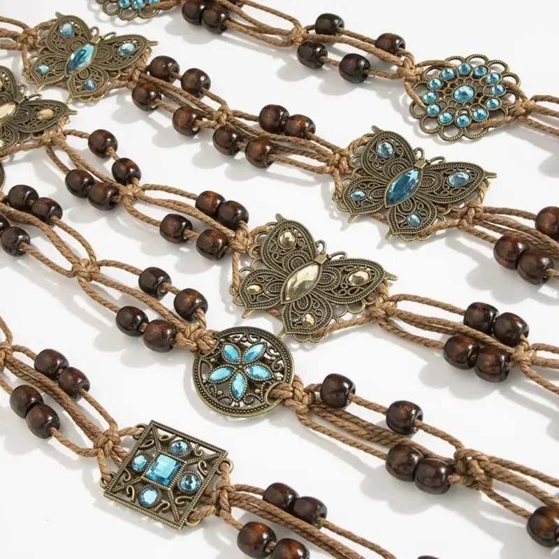 Women's Boho Waist Belt - Funky Peppy Glamorous Ethnic 3 Oval Waist Rope, Hand-Woven with Butterflies, Wooden Beads & Rhinestones, Adjustable Tie for Romantic Beach Outfits, 3 Blue Butterfly Waist Rope
