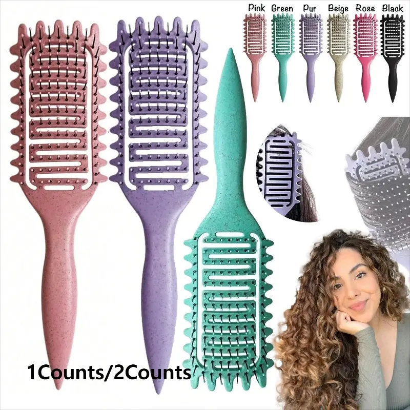 2Counts Vented Curl-Defining Brush for Curly, Coily Hair, Airflow Comb for Fast Drying, Wet and Dry Use Hair Styling Brush, Curl-Enhancing & Edge Lift, Ideal for Travel, Home and Salon, Detangling Hairbrush, Curly Hair Detangler Brush, Curl Define Brush