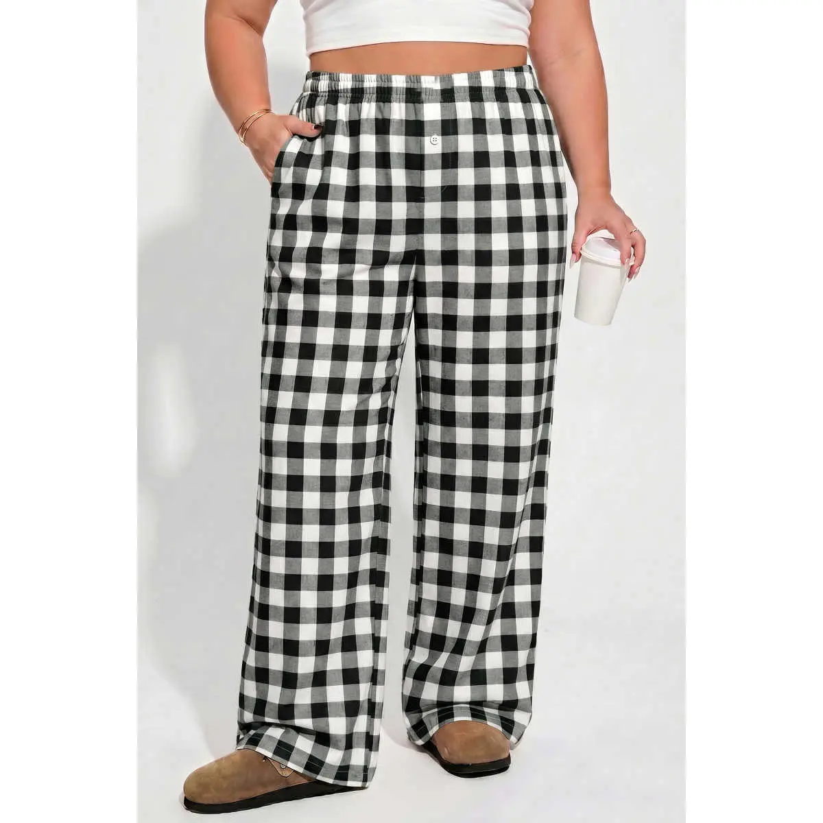 Black Plus Size Plaid Pattern Elastic Waist Shift Pants