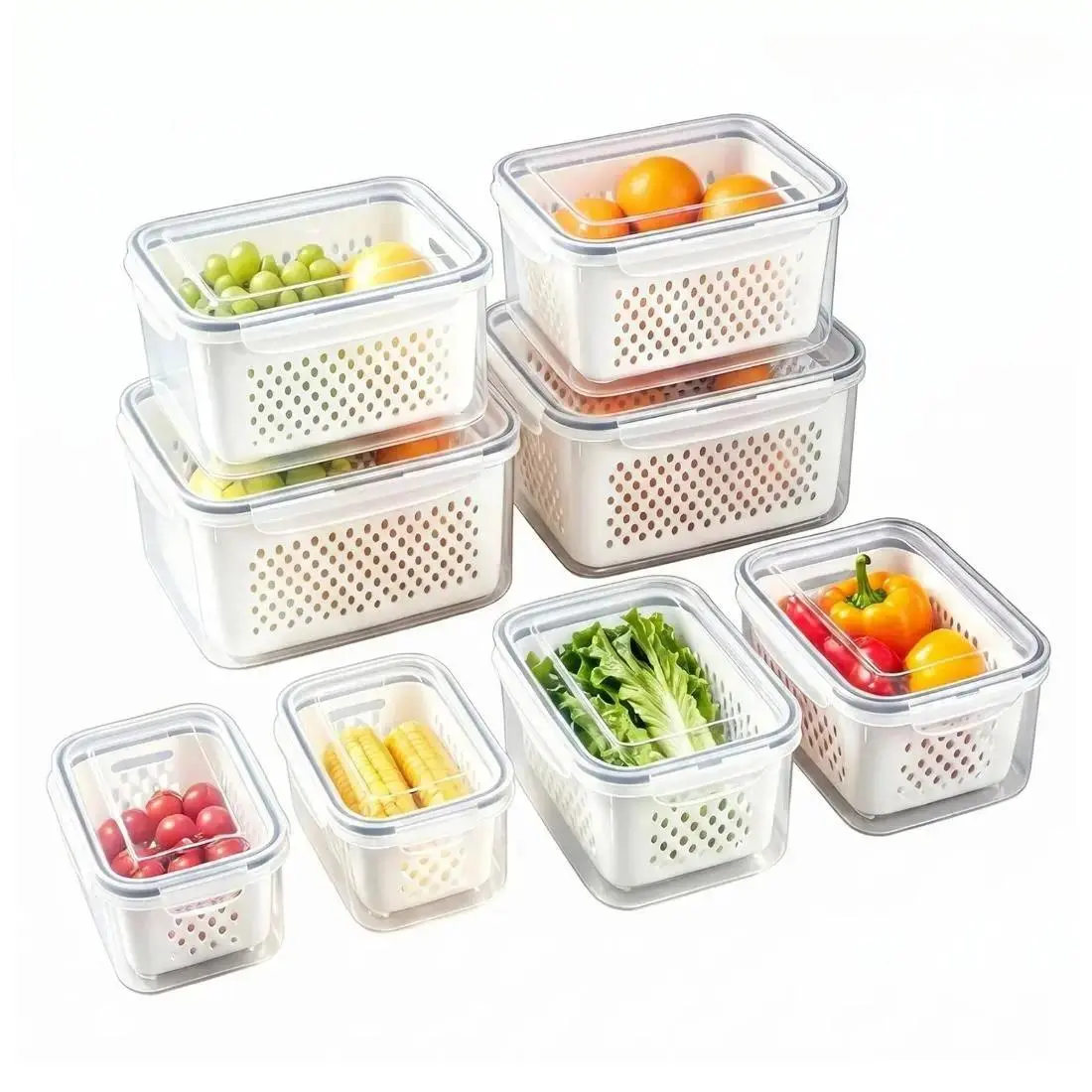 Fridge Organizer Containers – Stackable Fresh Food Storage Bins with Removable Colander, BPA-Free Fruit & Vegetable Keeper for Salad, Berries, Lettuce, Meat & Produce Storage, Kitchen Fridge Space Saver for Meal Prep & Summer Freshness