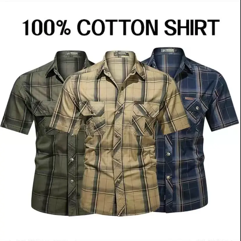 Men’s Collared Neck Shortsleeve Shirt - 100% Breathable Cotton Fabric, Stylish Checked Pattern, Double Chest Pockets, Menswear for Work & Casual Summer Wear, Men’s Summer Shirt, Commuting