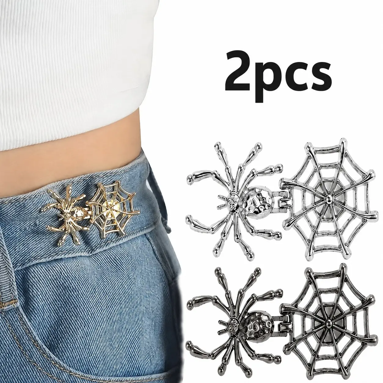 Spider-Web Waist Buckle Set, Detachable Metal Waist Buckle, Adjustable Seamless Jeans Waist Clip, Fashion Waist Extender, Neutral Decorative Belt Adjuster