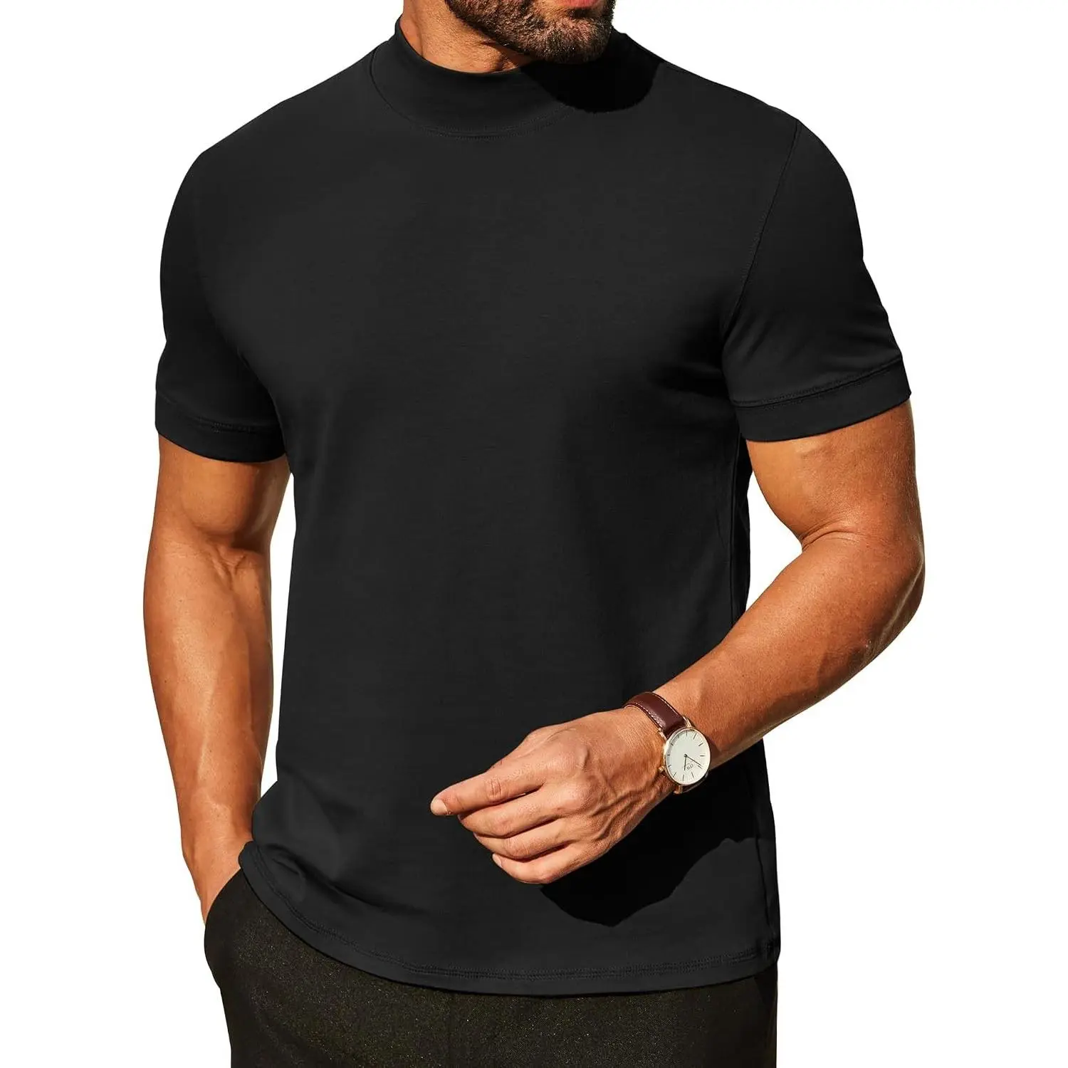 Mens Mock Turtleneck Shirts Casual Premium Cotton Short Sleeve Shirt Basic Half Neck T-Shirts