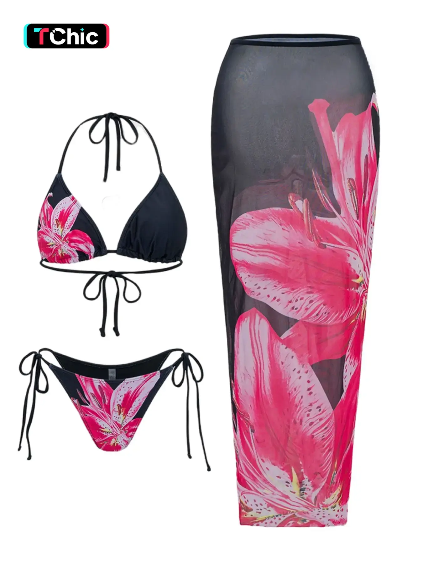 Women's Floral Print Halter Bikini Set, Casual Tie Back Contrast Mesh Swim Top & Tie Side Swim Bottom & Cover Up Skirt Set, Ladies Swimsuit Print Swimwear for Beach Holiday Vacation, Bikini With Skirt