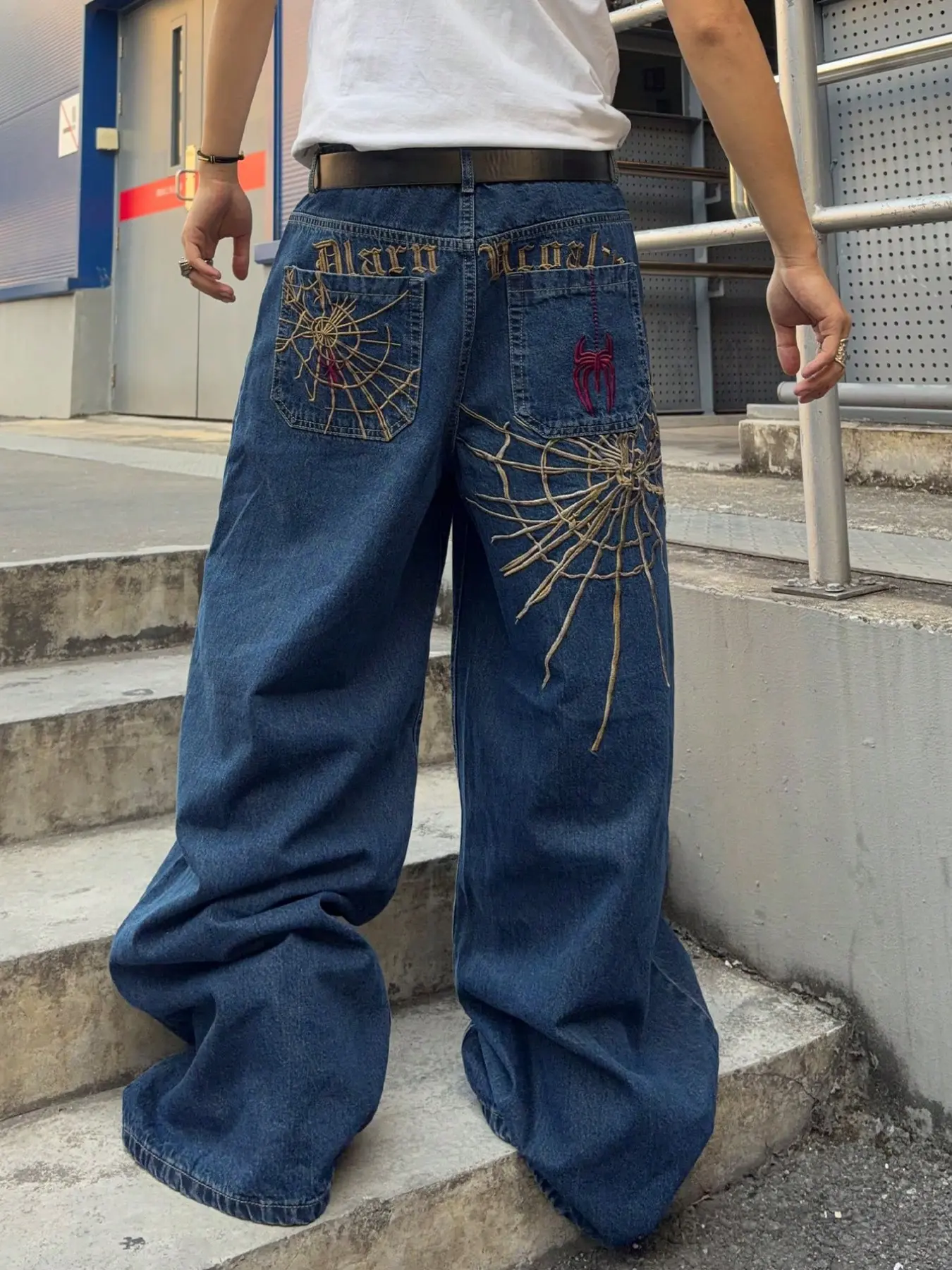 American Vintage Letter Spider Web Embroidered Wide Leg Jeans for Men, Trendy Streetwear Casual Long Pants, All Seasons Fashion