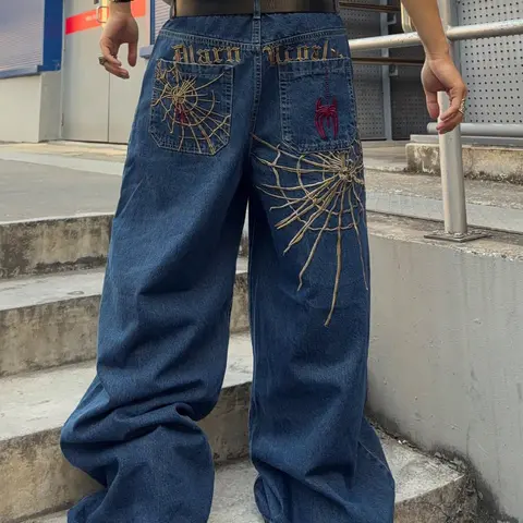 American Vintage Letter Spider Web Embroidered Wide Leg Baggy Jeans for Men, Trendy Streetwear Casual Long Pants, All Seasons