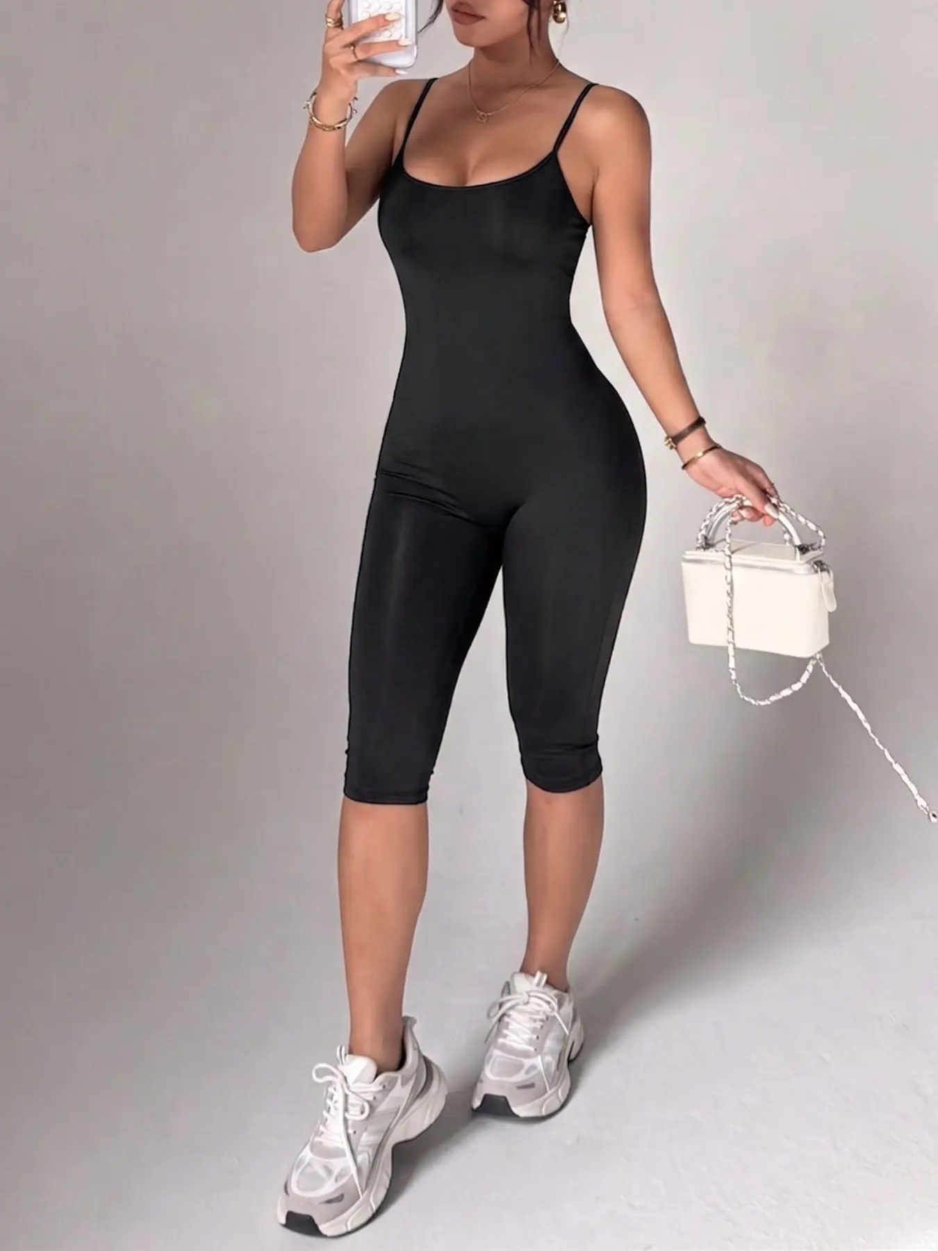 Black Capri Jumpsuit Women Spaghetti Strap Bodycon Romper Slim Fit Sleeveless Unitard Stretch One Piece Catsuit Y2K Sexy Going Out Clubwear Casual Lounge Workout Yoga Travel Summer Fashion Basic Bodysuit Outfit