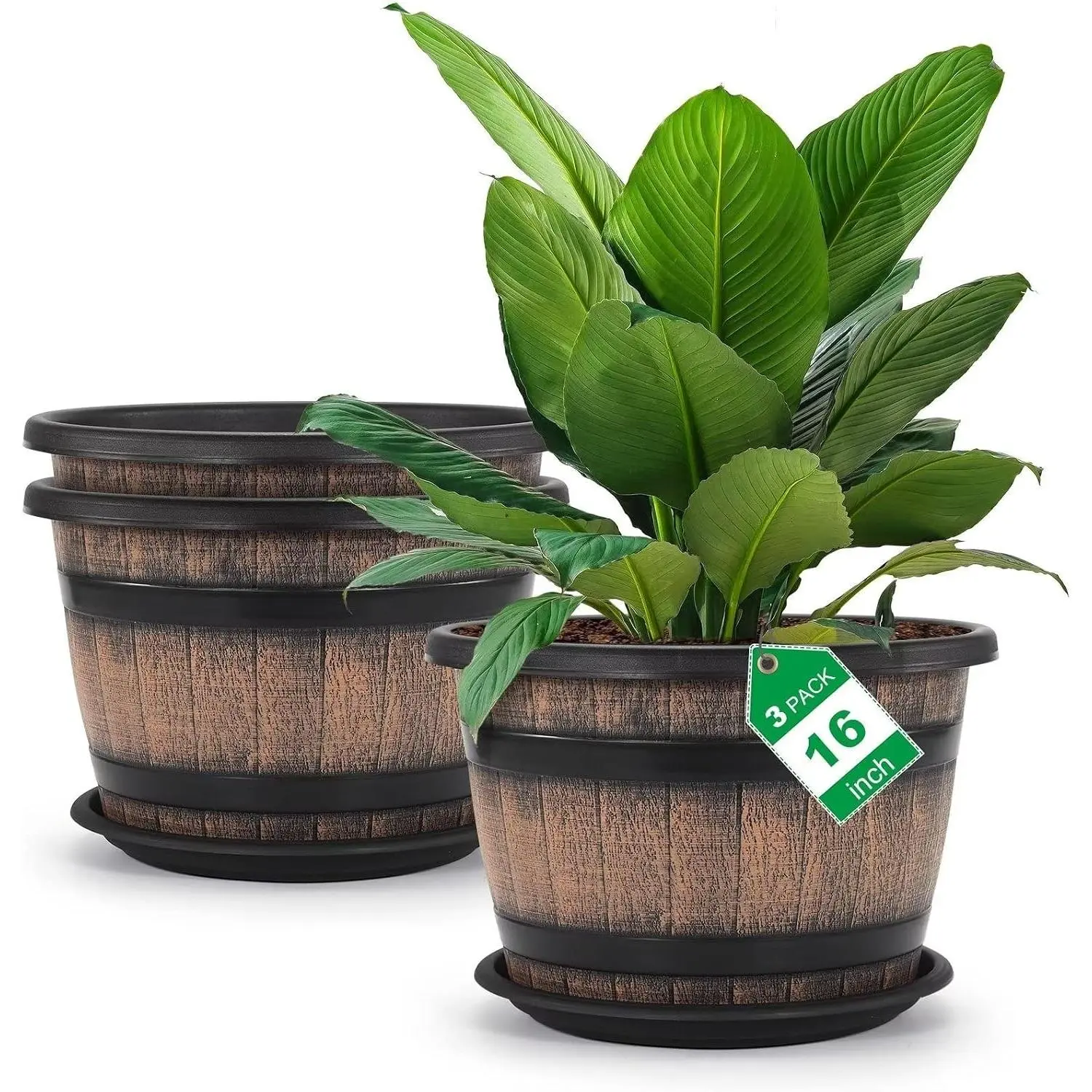 Large Plastic 3 Pack 16 inch Plant Pots,Whiskey Barrel Planters with Drainage Holes & Saucer.Flower Pots Imitation Wine Barrel Design for Indoor & Outdoor Garden Balcony Plants.7 Gallons(Brown)