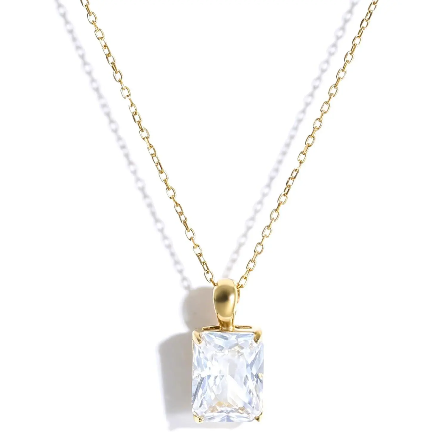 Dainty Princess Cut Solitaire Necklace, Stainless Steel Rectangle Cubic Zirconia Pendant Necklace for Women Gift for Her 14K Gold Plated