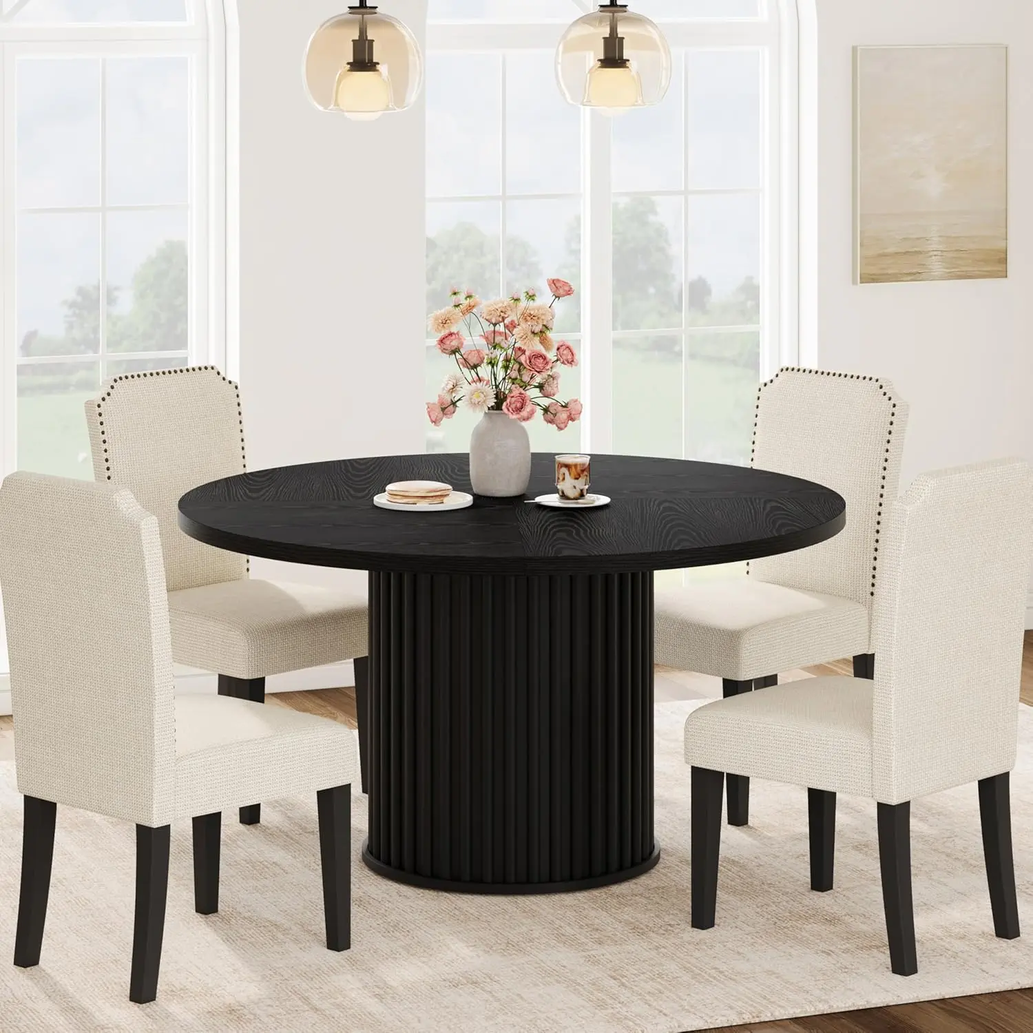 Garvee Contemporary Round Dining Table for 4-6 – 47" Modern Farmhouse Pedestal Table with Robust Waveform Metal Base – Ideal for Home & Small Spaces – Easy Assembly
