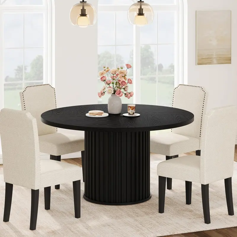 Garvee Contemporary Round Dining Table for 4-6 – 47" Modern Farmhouse Pedestal Table with Robust Waveform Metal Base – Ideal for Home & Small Spaces – Easy Assembly