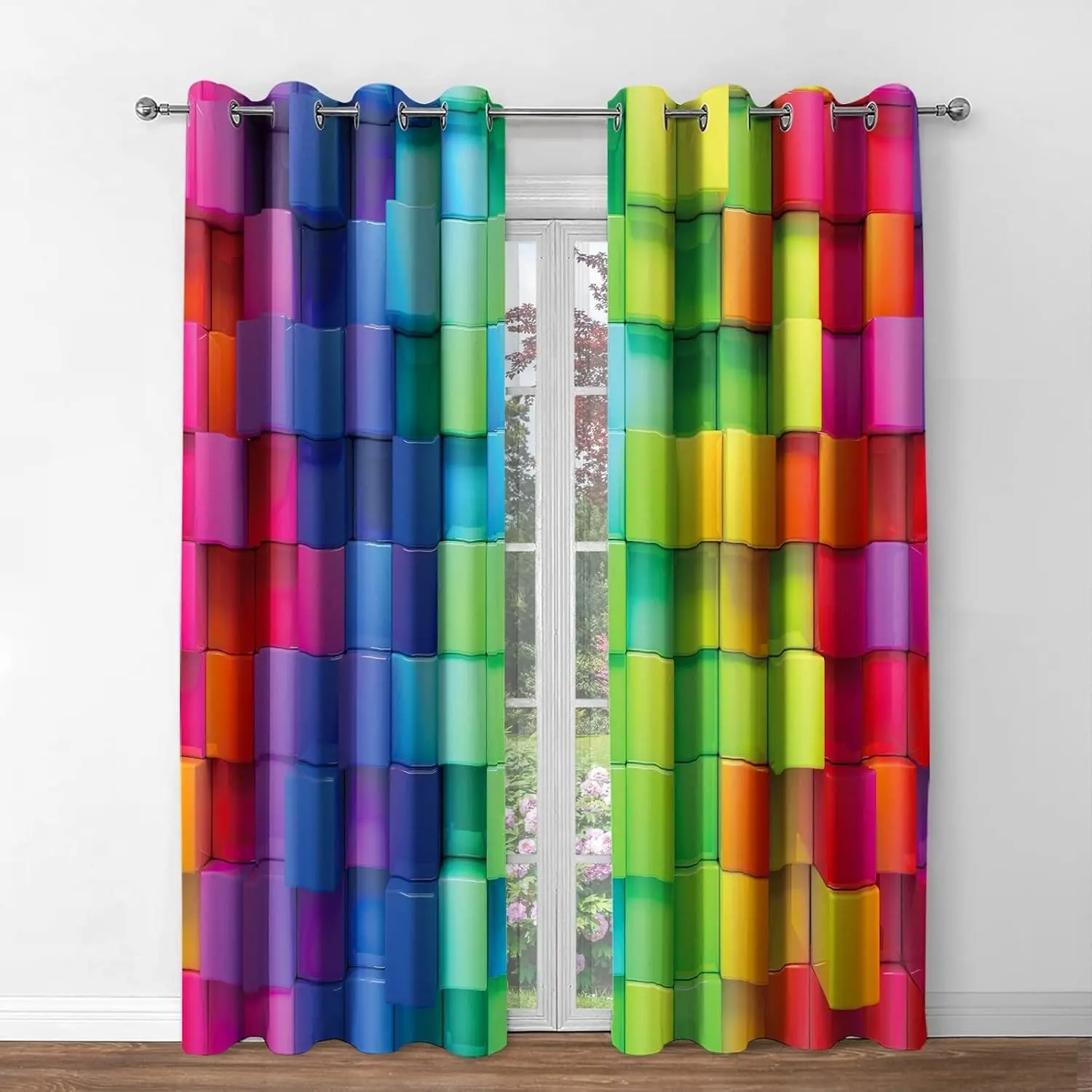 Colorful Rainbow Semi-Sheer Curtains, 2D Brick Pattern, Geometric Art Style, Bedroom Living Room Decor, Eyelet, Window Curtain, Two Panels