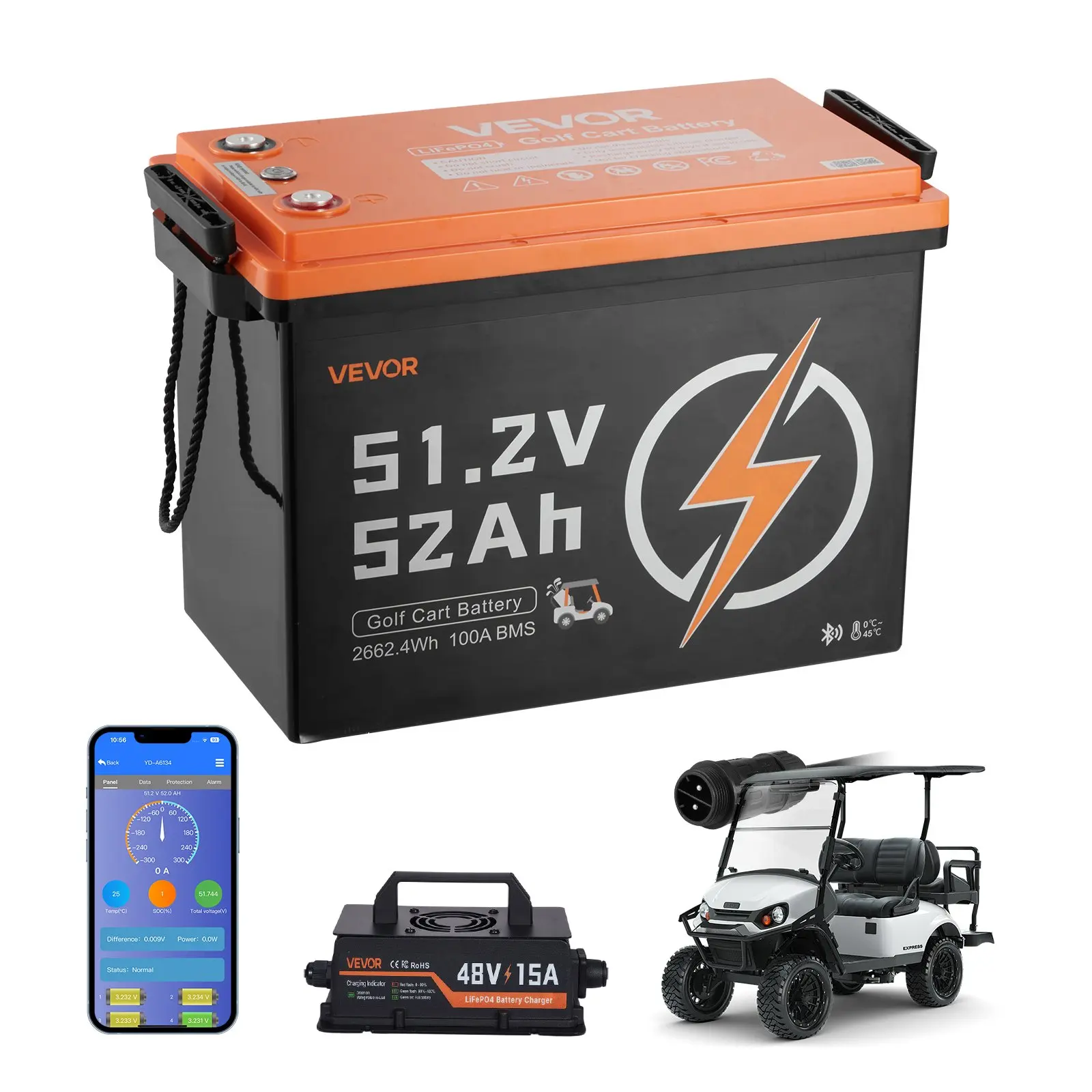 48V (51.2V) 52AH Lithium Golf Cart Battery, with 15A Charger, Lifepo4 Battery Kit, Built-in 100A BMS, 4000 Cycles, 2C Discharge Rate, Bluetooth Mobile APP, for Golf Carts, Trolling Motors