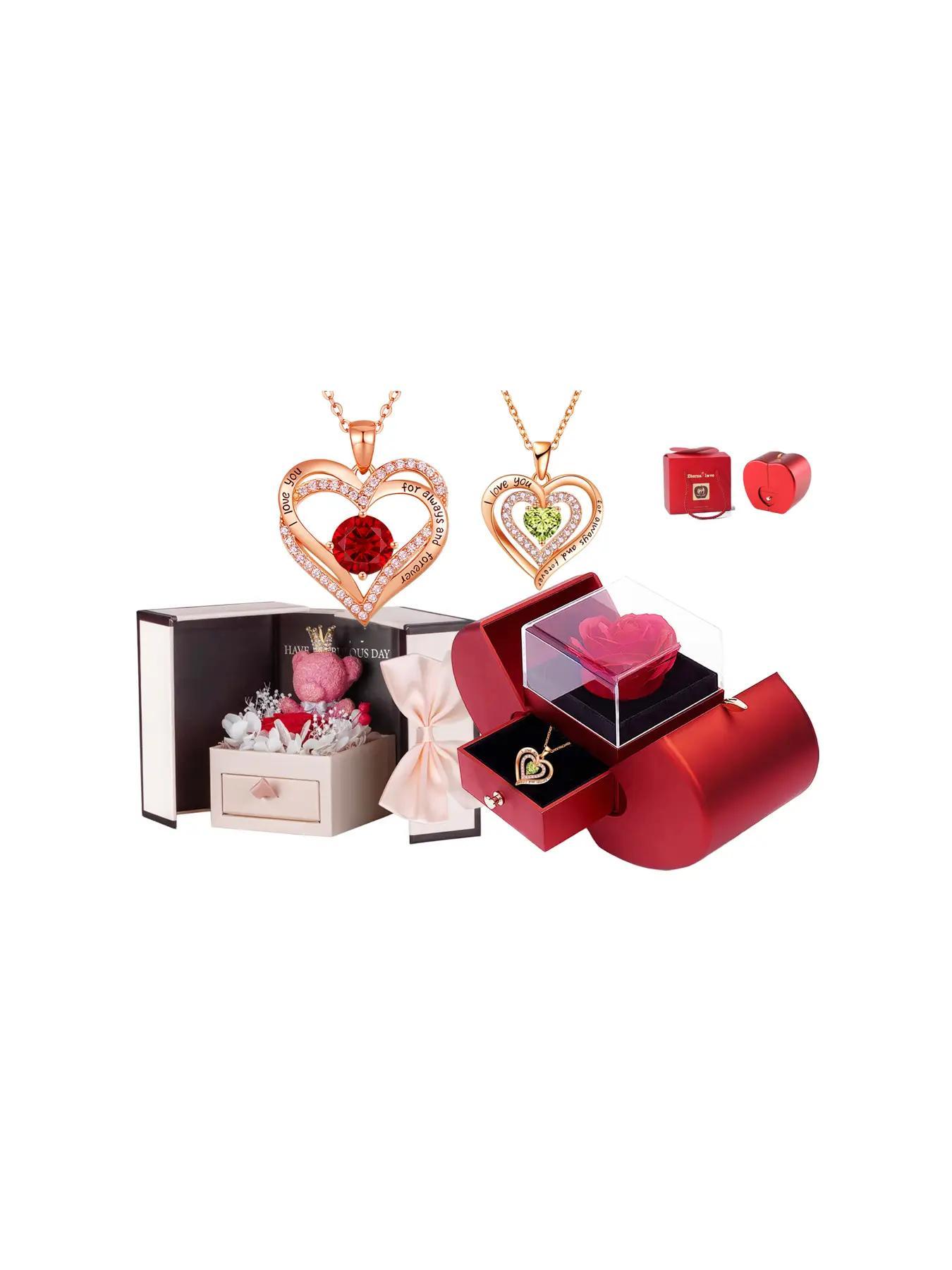 Mother's Day Rhinestone Heart Pendant Necklace Gift for Women, 'I Love You' Engraved Dainty Summer Jewelry with Flower and Gift Box