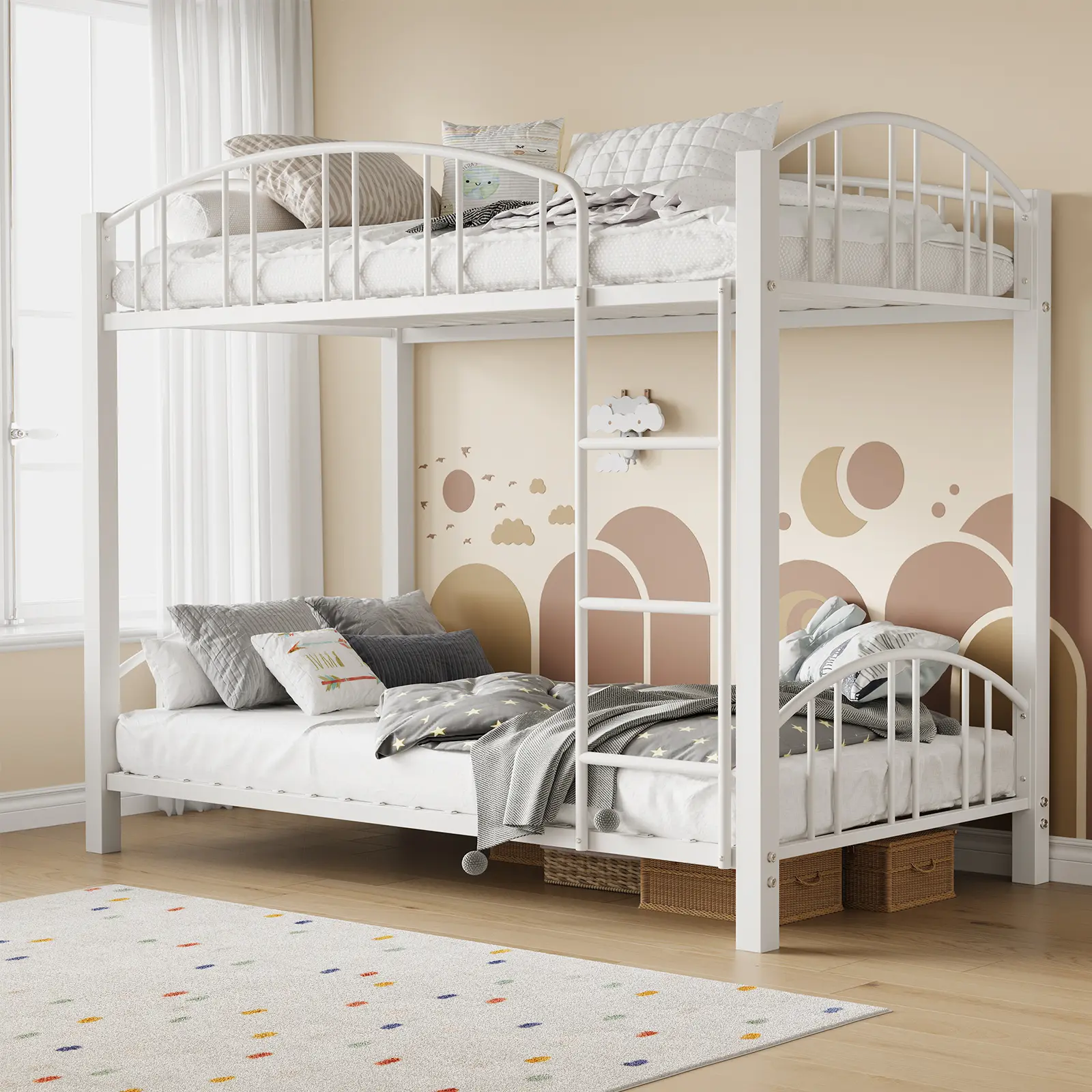 Twin Over Twin Space Saving Metal Bunk Bed, Heavy Duty Sturdy Steel Frame with Full Arched Guardrail and Attached Safety Ladder, Noise Free Stable Bunk Bed, No Box Spring Needed for Teen and Kids Bedroom