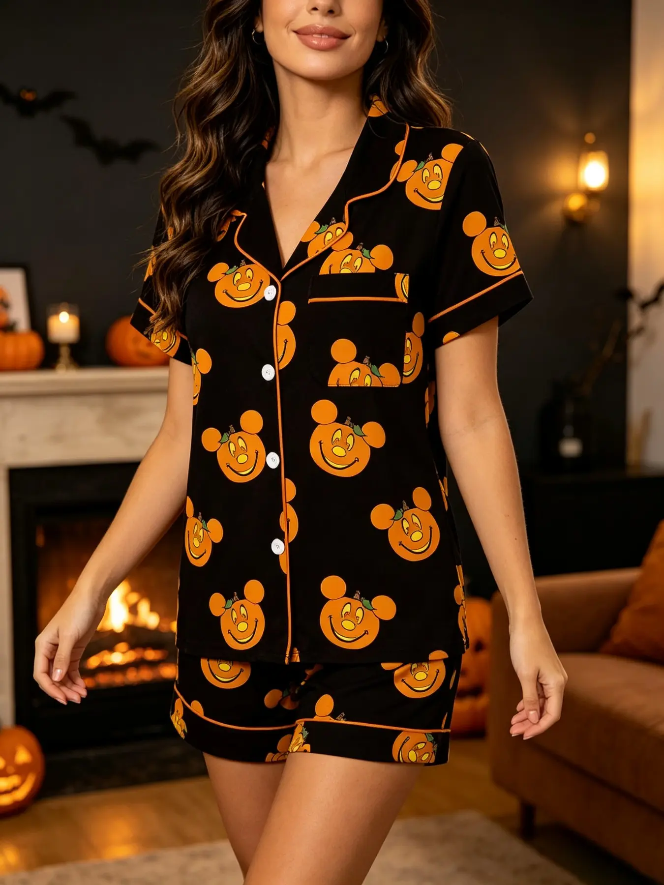 Halloween Pumpkin Cartoon Print Women's Loungewear Pajama Set, Contrast Piping Short Sleeve Open Front Top & Shorts, Fun Ghost Face Pattern Two-Piece Sleepwear