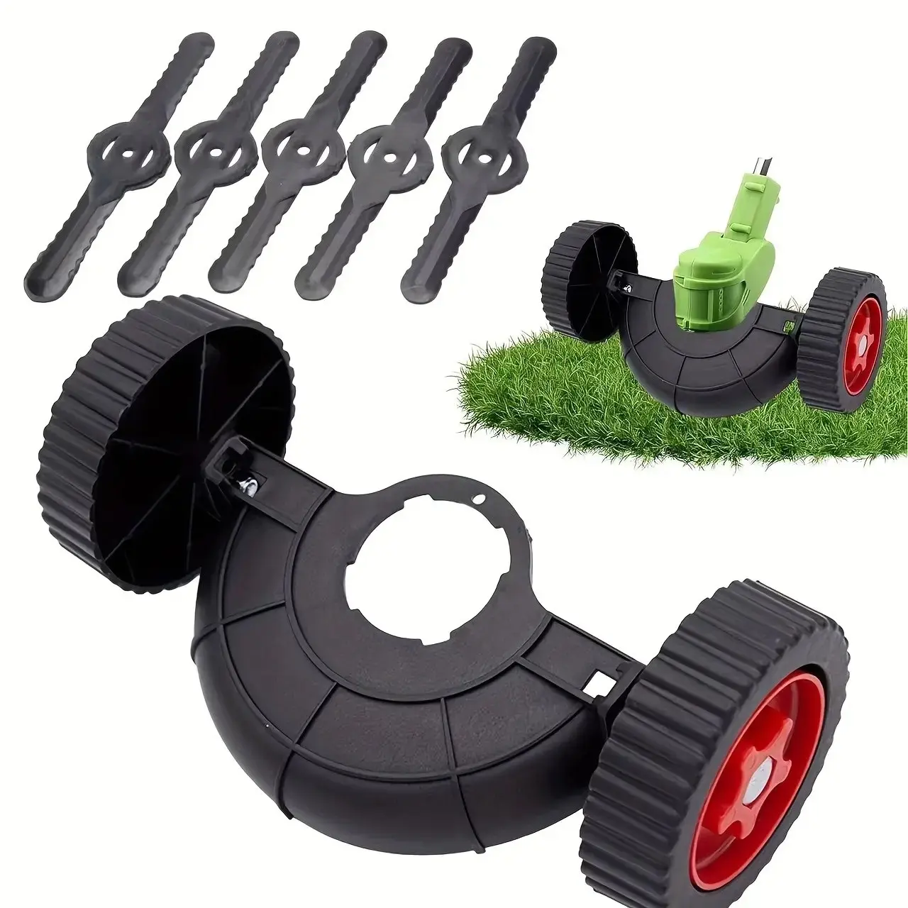 6-Piece Lawn Mower Trimmer Accessories Set, Includes 5 Plastic Blades, Wireless Trimmer Knife, Grass Line Guide, Universal Support Wheel, Edge Blade, Cordless