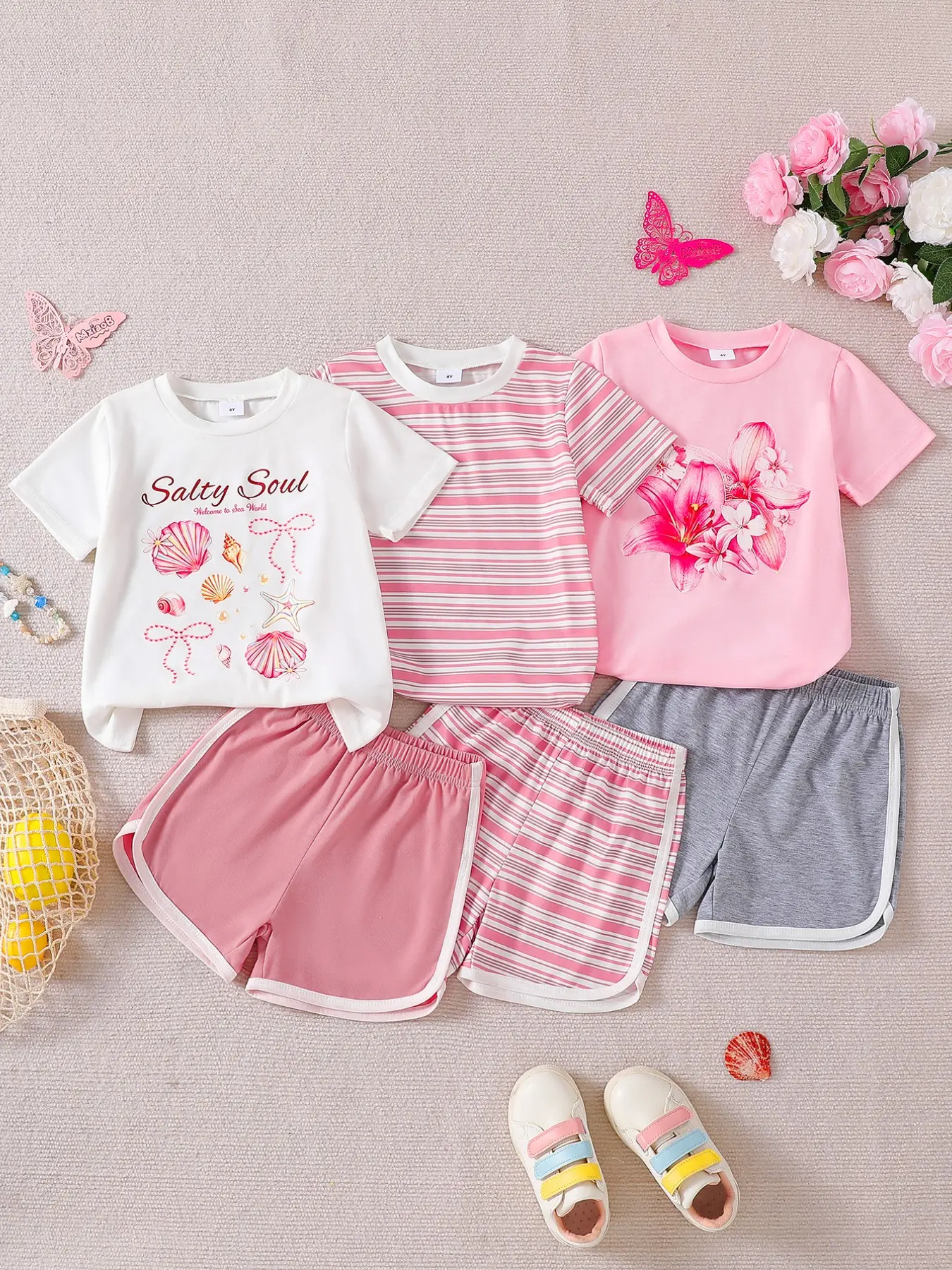 Girls' 6-Piece Set, Summer Clothing Set, Casual Striped Floral Print T-Shirts and Shorts, Soft Knit Fabric, Outdoor Wear, Spring Summer Collection